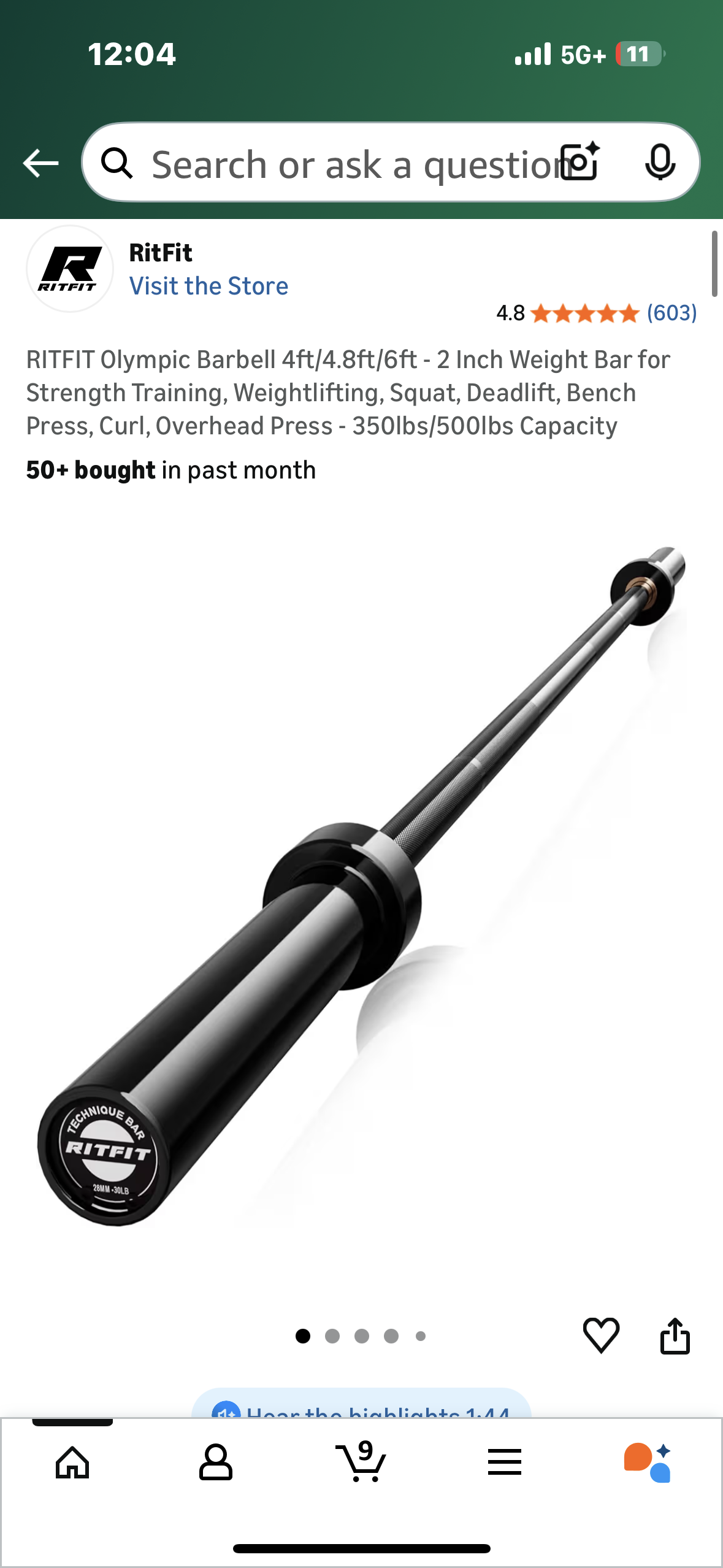 RITFIT Olympic Barbell 6ft - 2 Inch Weight Bar for Strength Training, Weightlifting, Squat, Deadlift, Bench Press, Curl, Overhead Press - 350lbs/500lbs Capacity (W546)