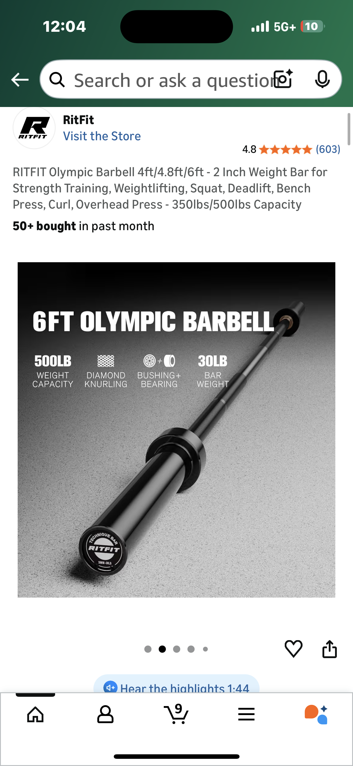 RITFIT Olympic Barbell 6ft - 2 Inch Weight Bar for Strength Training, Weightlifting, Squat, Deadlift, Bench Press, Curl, Overhead Press - 350lbs/500lbs Capacity (W546)