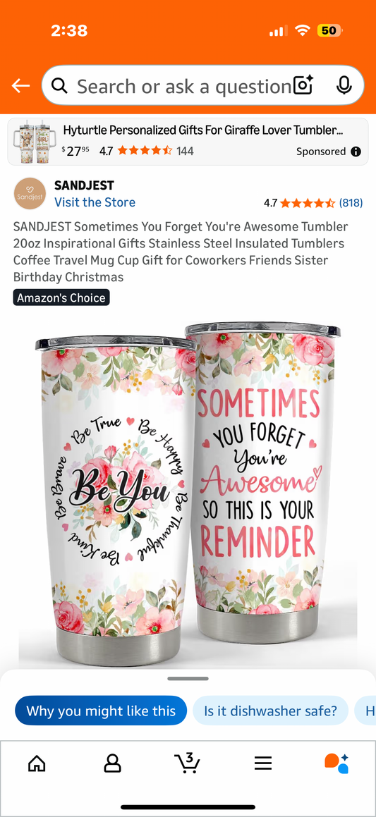 SANDJEST Sometimes You Forget You're Awesome Tumbler 20oz Inspirational Gifts Stainless Steel Insulated Tumblers Coffee Travel Mug Cup Gift for Coworkers Friends Sister Birthday Christmas