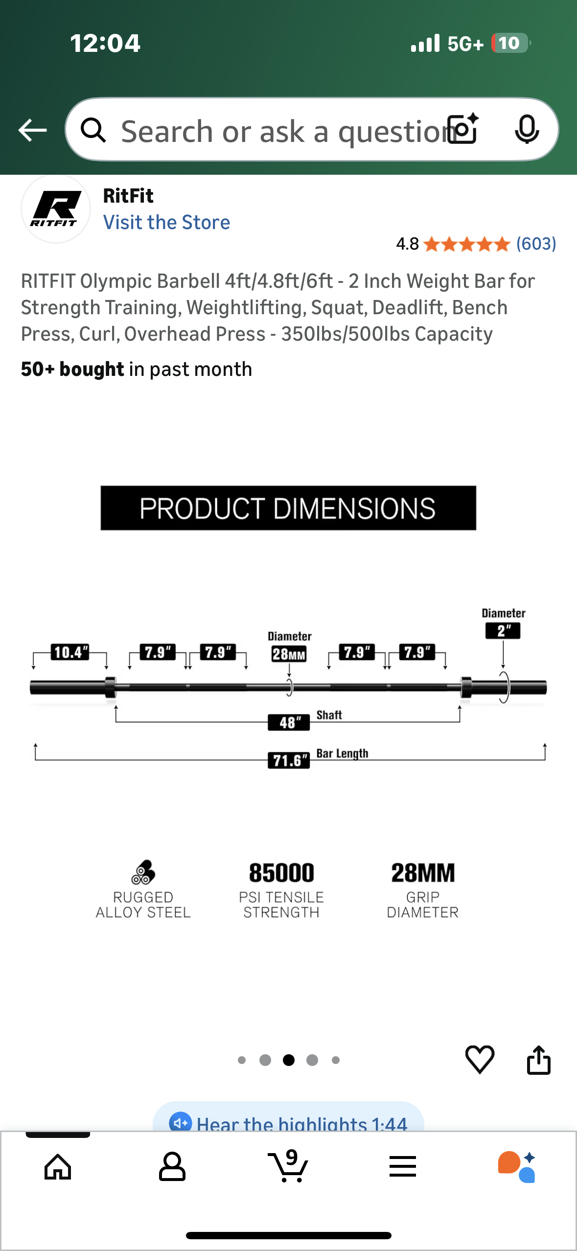 RITFIT Olympic Barbell 6ft - 2 Inch Weight Bar for Strength Training, Weightlifting, Squat, Deadlift, Bench Press, Curl, Overhead Press - 350lbs/500lbs Capacity (W546)
