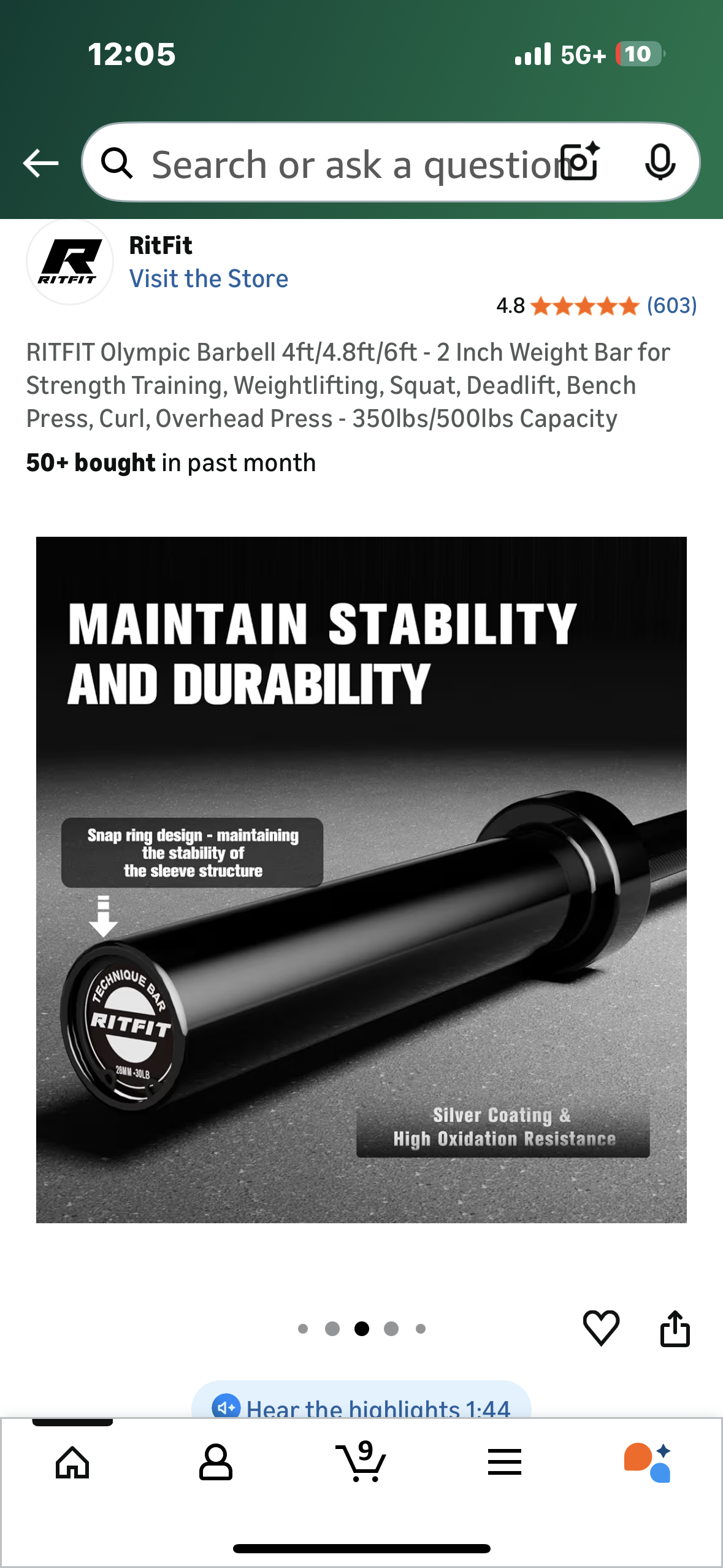 RITFIT Olympic Barbell 6ft - 2 Inch Weight Bar for Strength Training, Weightlifting, Squat, Deadlift, Bench Press, Curl, Overhead Press - 350lbs/500lbs Capacity (W546)