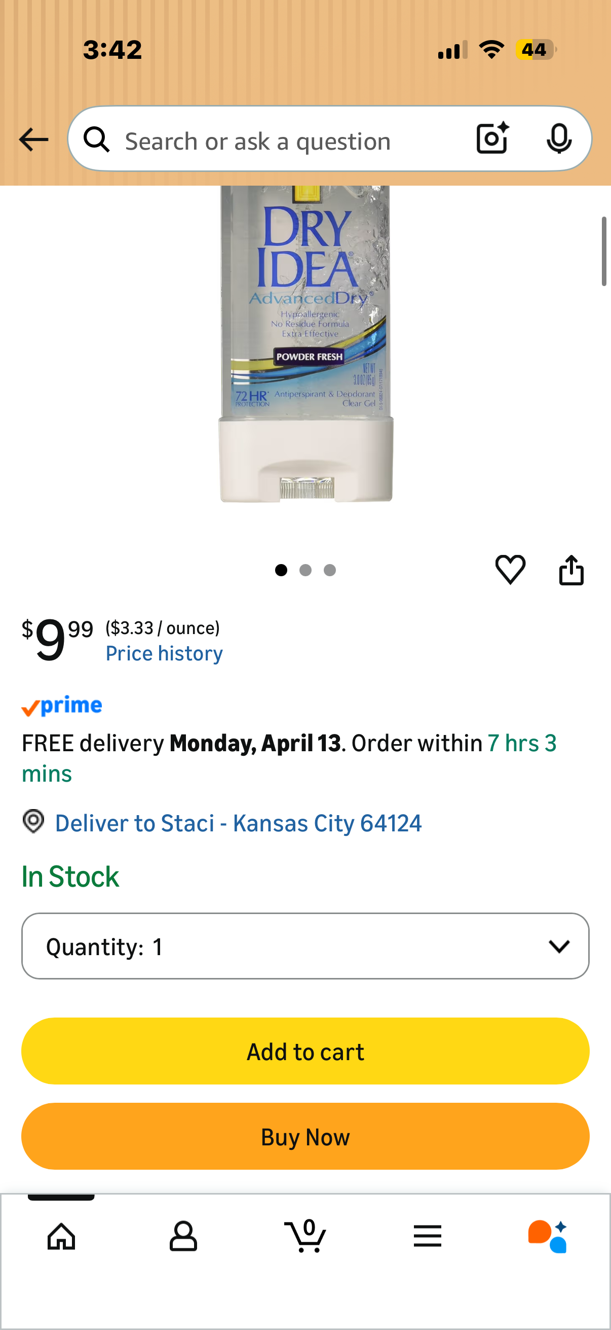 Dry Idea Clear Gel Antiperspirant/Deodorant 3 oz UNSCENTED