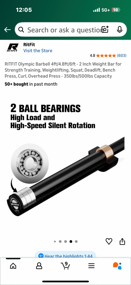 RITFIT Olympic Barbell 6ft - 2 Inch Weight Bar for Strength Training, Weightlifting, Squat, Deadlift, Bench Press, Curl, Overhead Press - 350lbs/500lbs Capacity (W546)