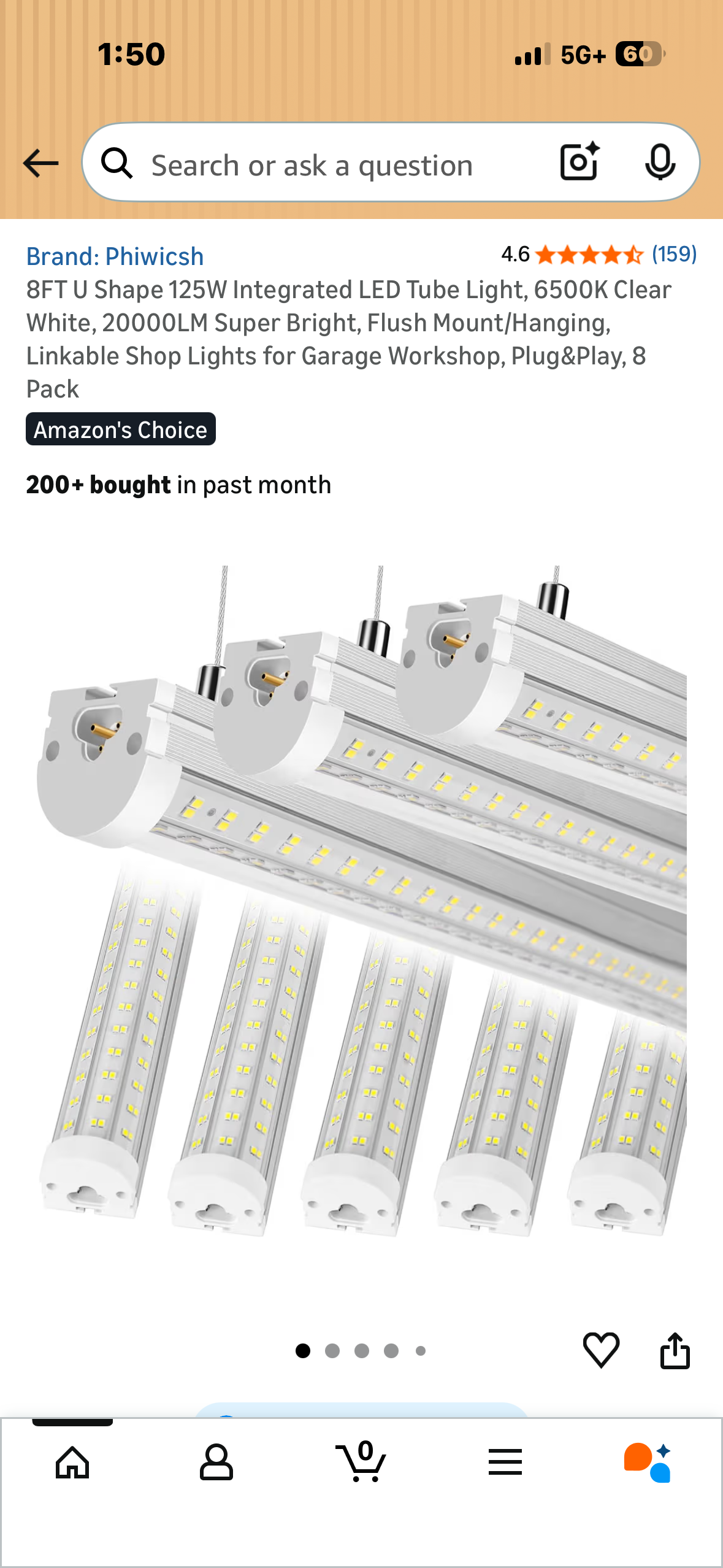 8FT U Shape 125W Integrated LED Tube Light, 6500K Clear White, 20000LM Super Bright, Flush Mount/Hanging, Linkable Shop Lights for Garage Workshop, Plug&Play, 8 Pack (G1036)