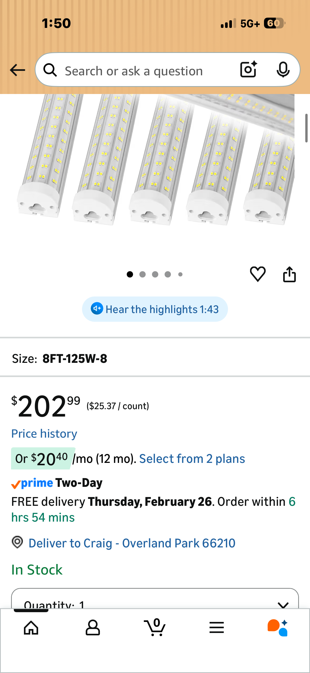 8FT U Shape 125W Integrated LED Tube Light, 6500K Clear White, 20000LM Super Bright, Flush Mount/Hanging, Linkable Shop Lights for Garage Workshop, Plug&Play, 8 Pack (G1036)