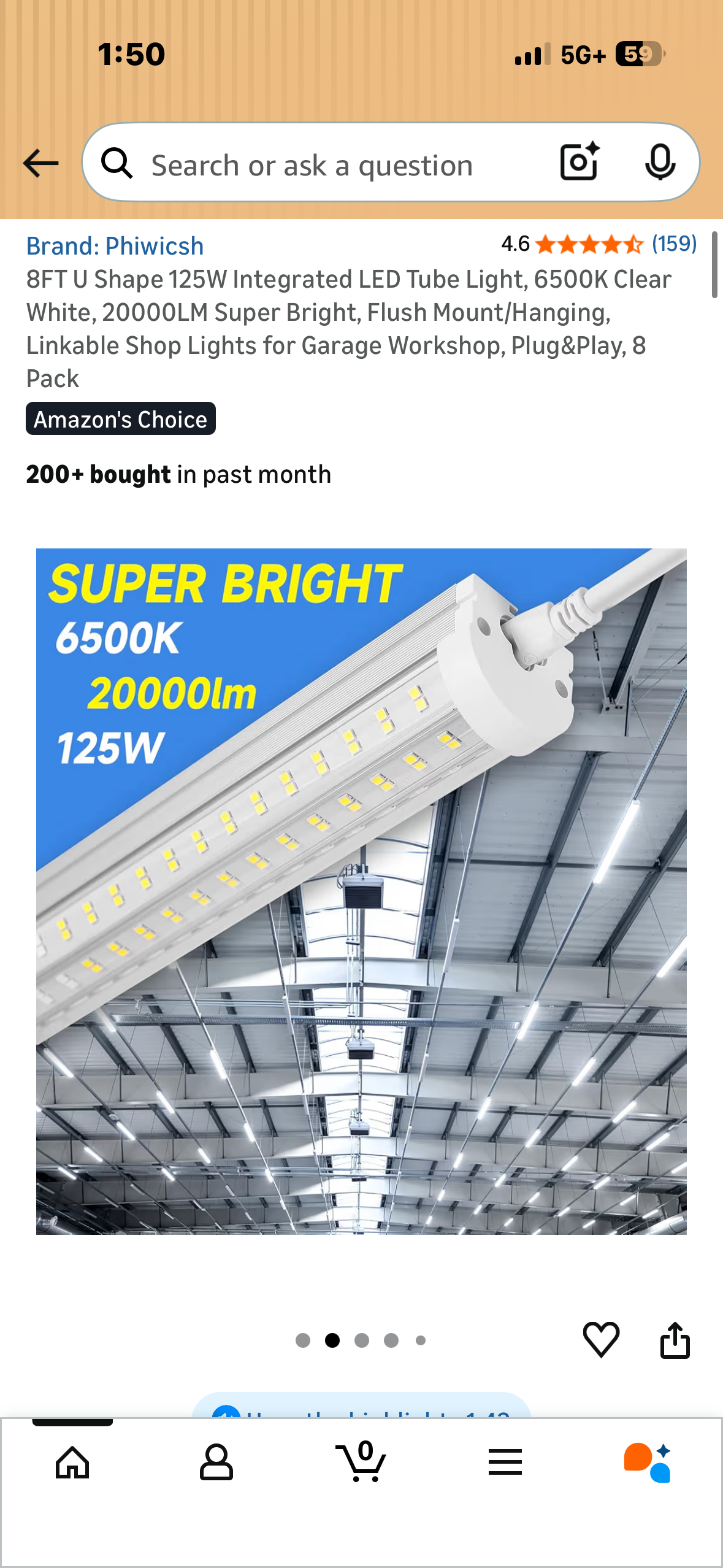 8FT U Shape 125W Integrated LED Tube Light, 6500K Clear White, 20000LM Super Bright, Flush Mount/Hanging, Linkable Shop Lights for Garage Workshop, Plug&Play, 8 Pack (G1036)