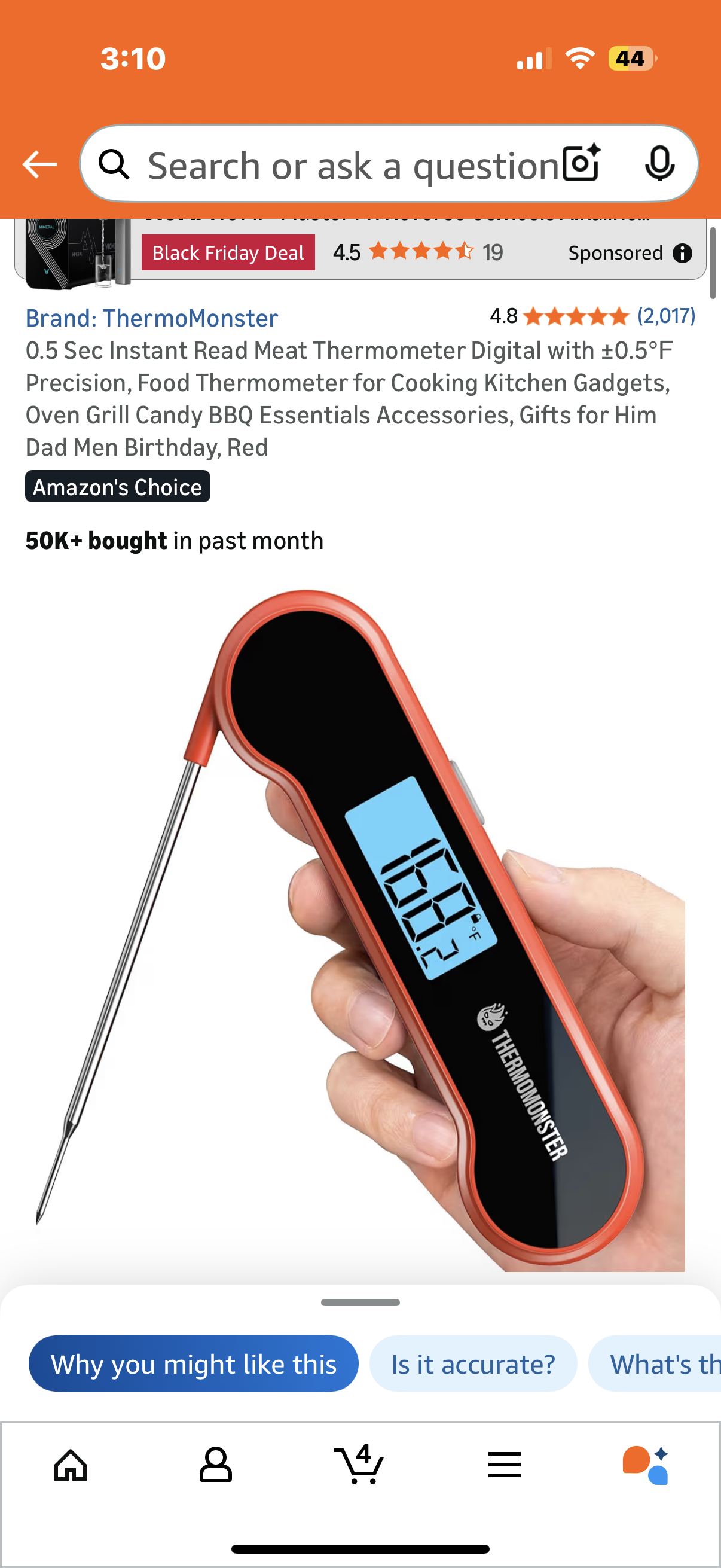 0.5 Sec Instant Read Meat Thermometer Digital with ±0.5℉ Precision, Food Thermometer for Cooking Kitchen Gadgets, Oven Grill Candy BBQ Essentials Accessories, Gifts for Him Dad Men Birthday, Red