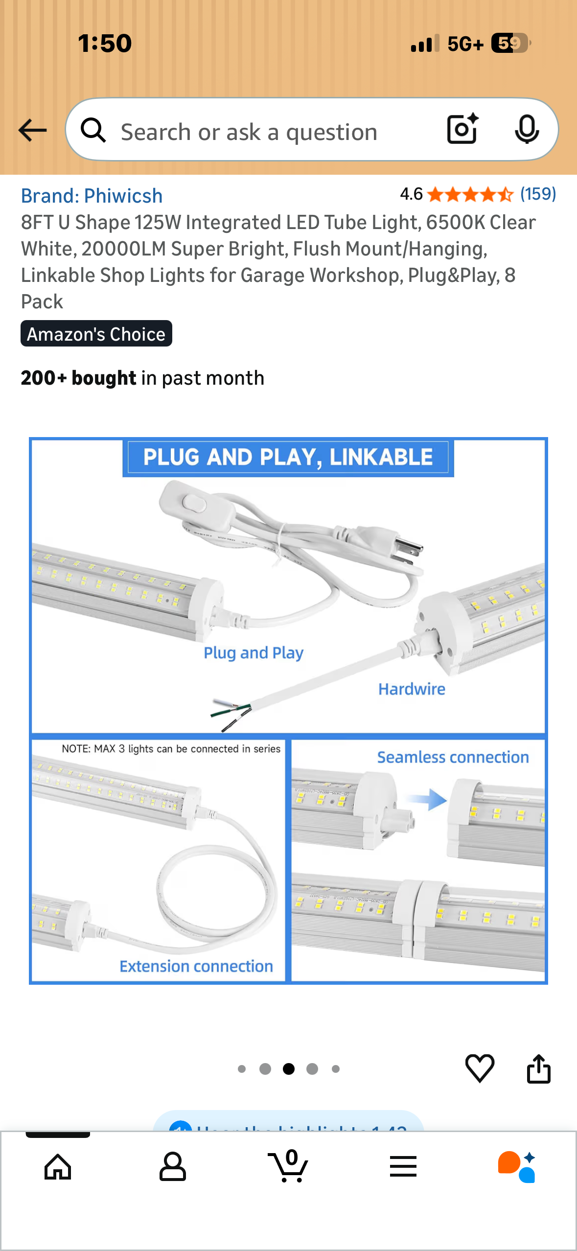 8FT U Shape 125W Integrated LED Tube Light, 6500K Clear White, 20000LM Super Bright, Flush Mount/Hanging, Linkable Shop Lights for Garage Workshop, Plug&Play, 8 Pack (G1036)