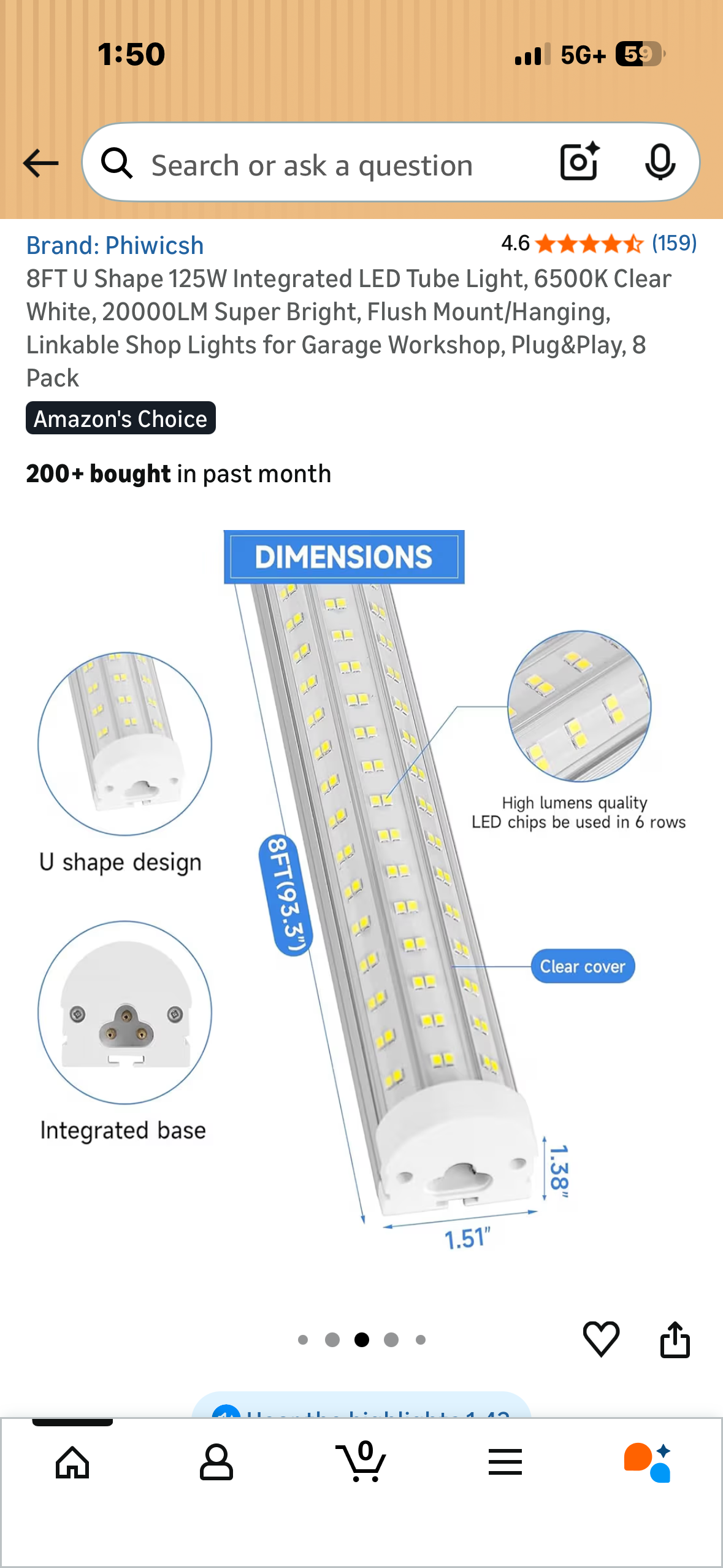 8FT U Shape 125W Integrated LED Tube Light, 6500K Clear White, 20000LM Super Bright, Flush Mount/Hanging, Linkable Shop Lights for Garage Workshop, Plug&Play, 8 Pack (G1036)