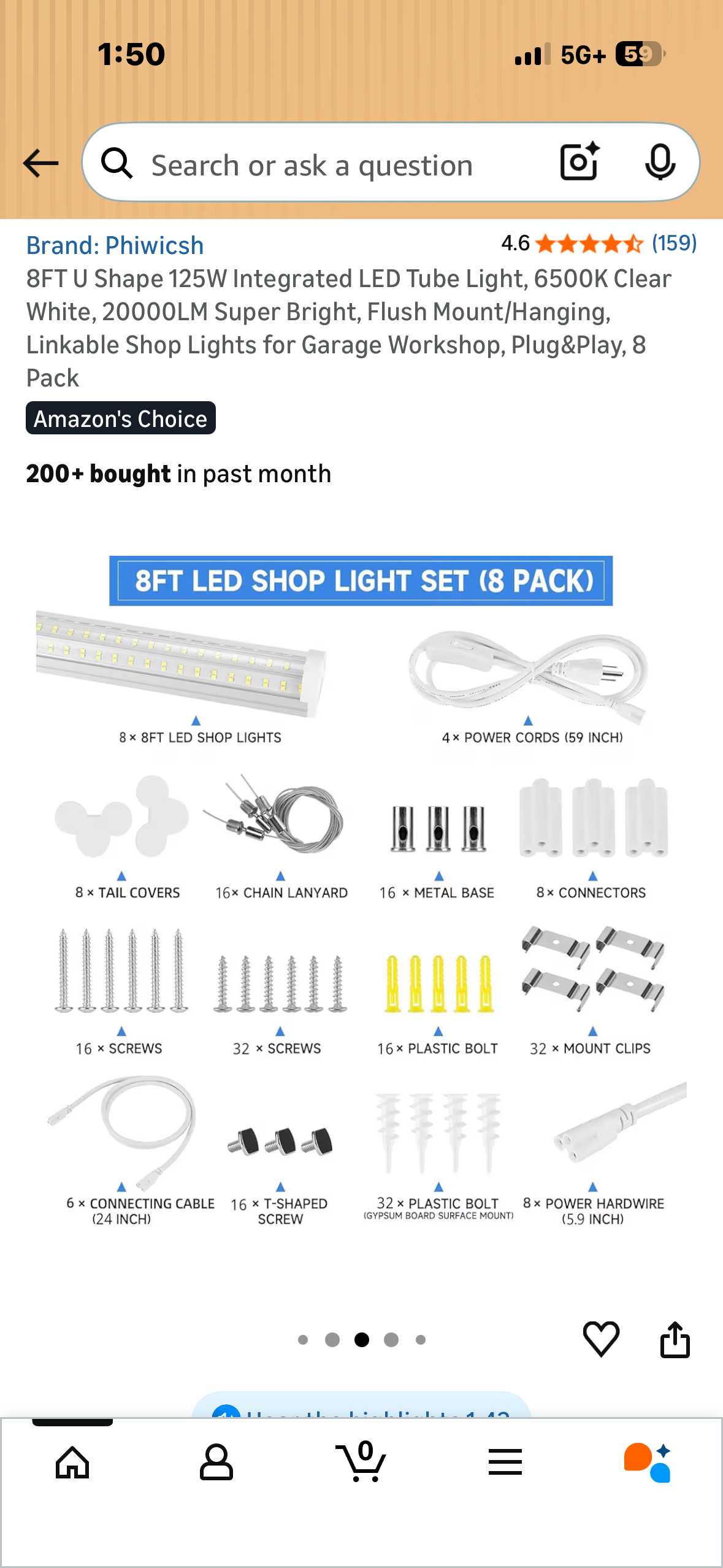 8FT U Shape 125W Integrated LED Tube Light, 6500K Clear White, 20000LM Super Bright, Flush Mount/Hanging, Linkable Shop Lights for Garage Workshop, Plug&Play, 8 Pack (G1036)