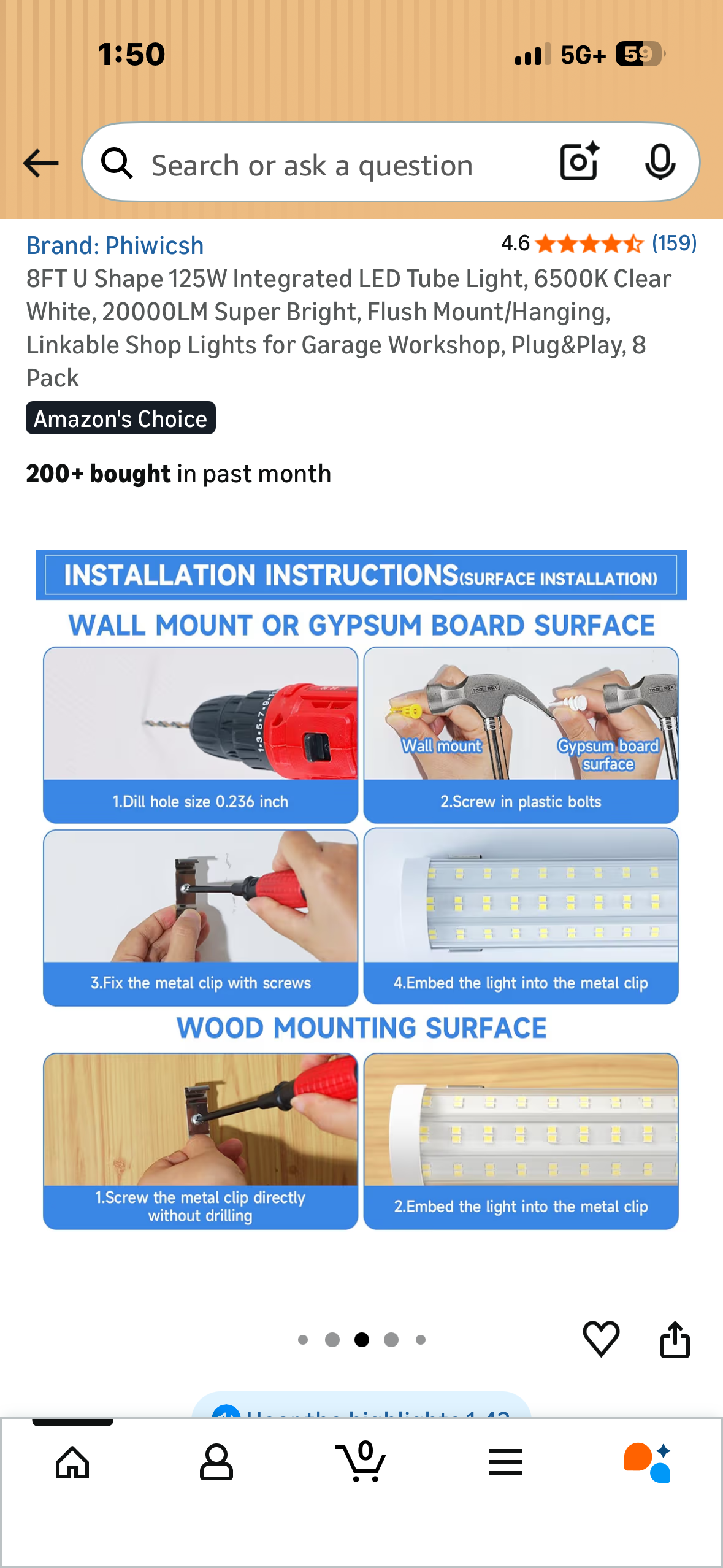 8FT U Shape 125W Integrated LED Tube Light, 6500K Clear White, 20000LM Super Bright, Flush Mount/Hanging, Linkable Shop Lights for Garage Workshop, Plug&Play, 8 Pack (G1036)