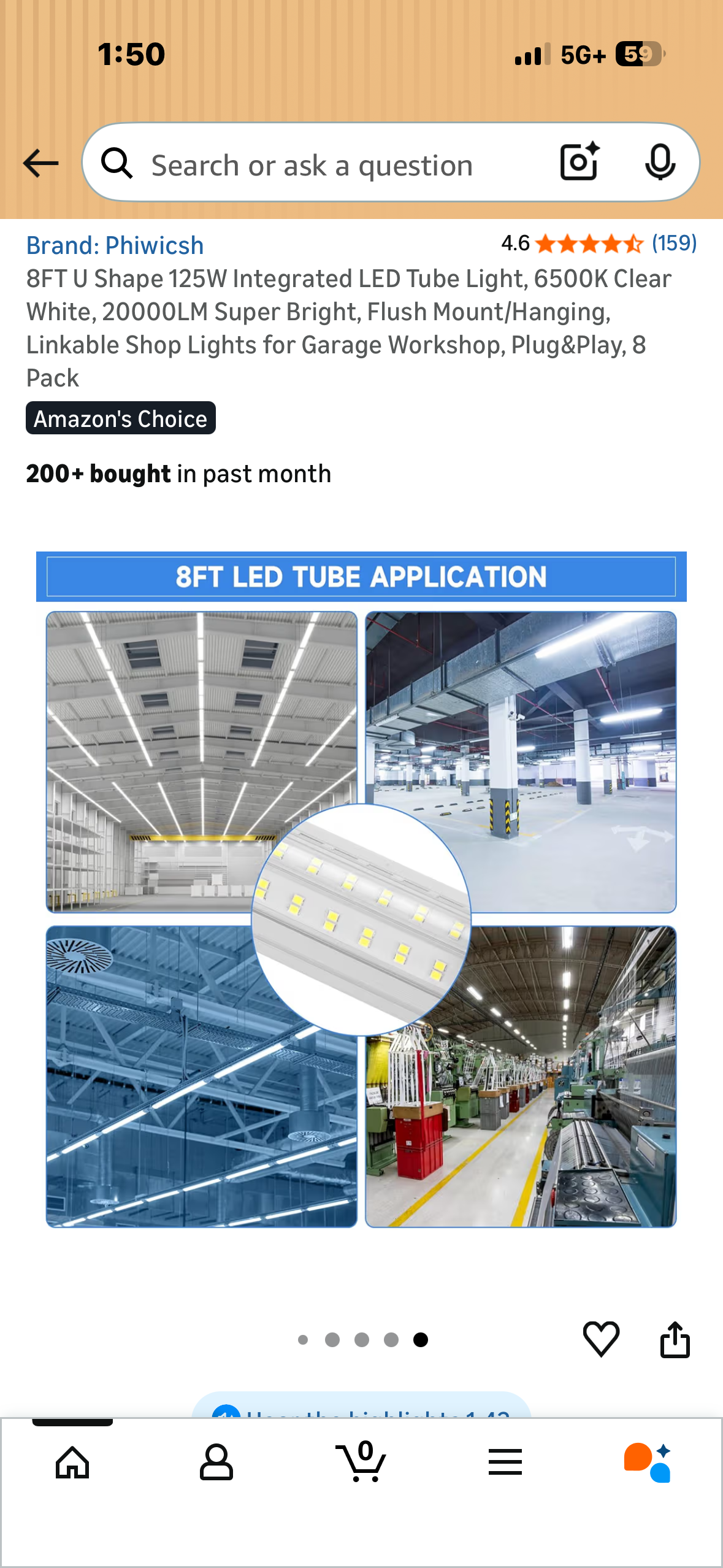 8FT U Shape 125W Integrated LED Tube Light, 6500K Clear White, 20000LM Super Bright, Flush Mount/Hanging, Linkable Shop Lights for Garage Workshop, Plug&Play, 8 Pack (G1036)