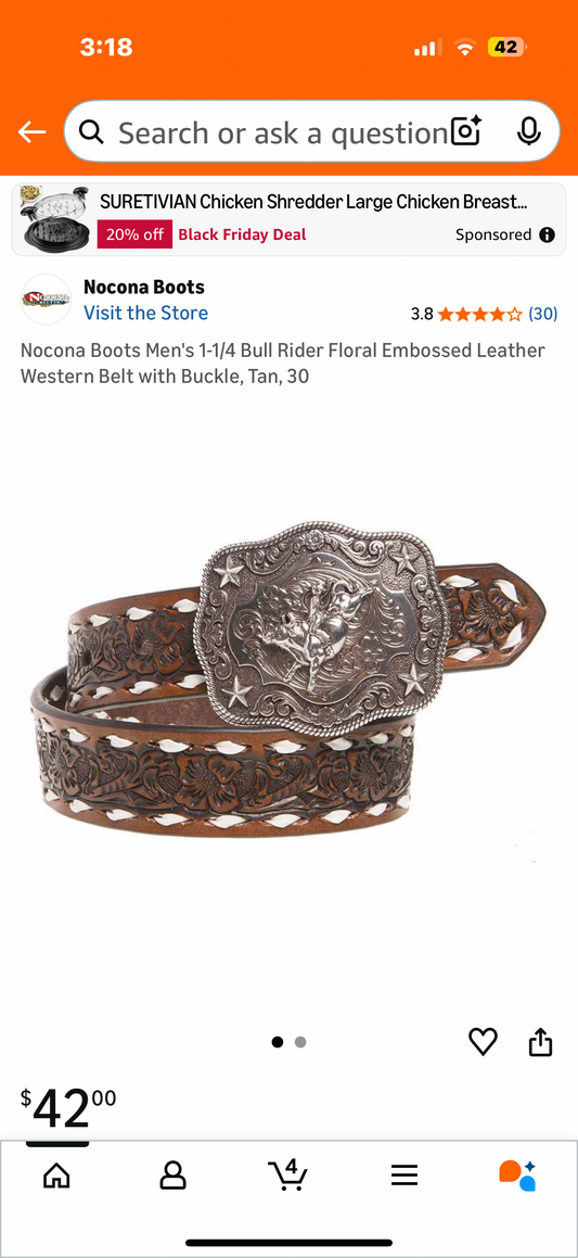 Nocona Boots Men's 1-1/4 Bull Rider Floral Embossed Leather Western Belt with Buckle, Tan, 30