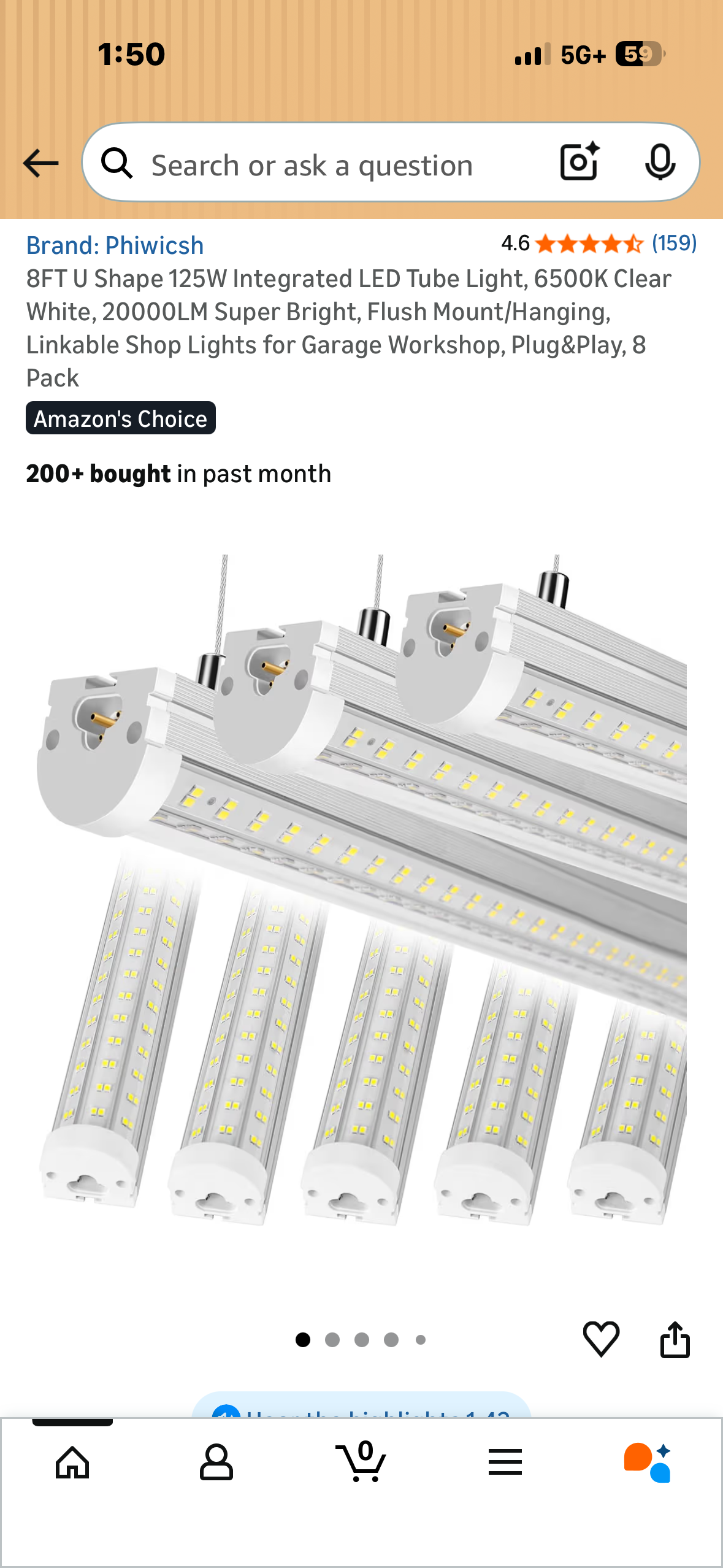 8FT U Shape 125W Integrated LED Tube Light, 6500K Clear White, 20000LM Super Bright, Flush Mount/Hanging, Linkable Shop Lights for Garage Workshop, Plug&Play, 8 Pack (G1036)