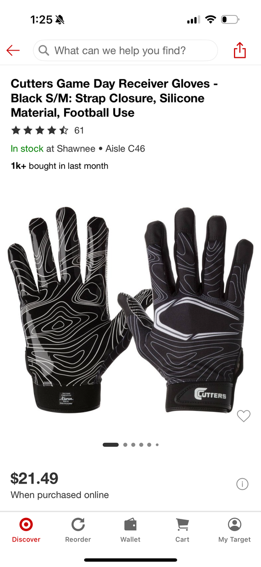 Cutters Game Day Receiver Gloves - Black S/M: Strap Closure, Silicone Material, Football Use