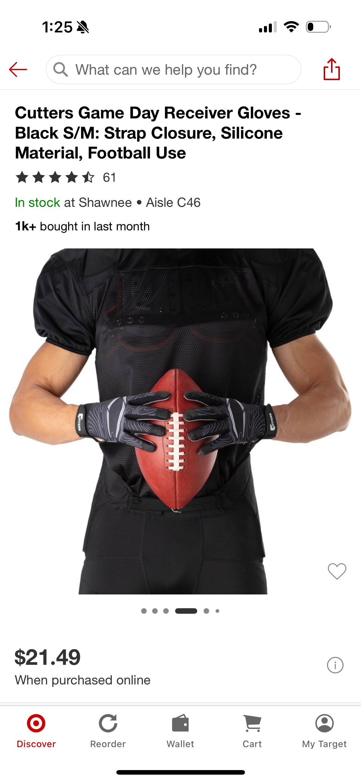 Cutters Game Day Receiver Gloves - Black S/M: Strap Closure, Silicone Material, Football Use