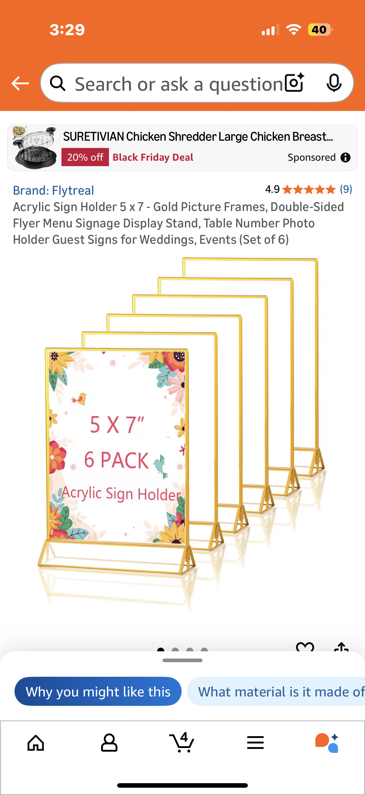 Acrylic Sign Holder 5 x 7 - Gold Picture Frames, Double-Sided Flyer Menu Signage Display Stand, Table Number Photo Holder Guest Signs for Weddings, Events (Set of 6