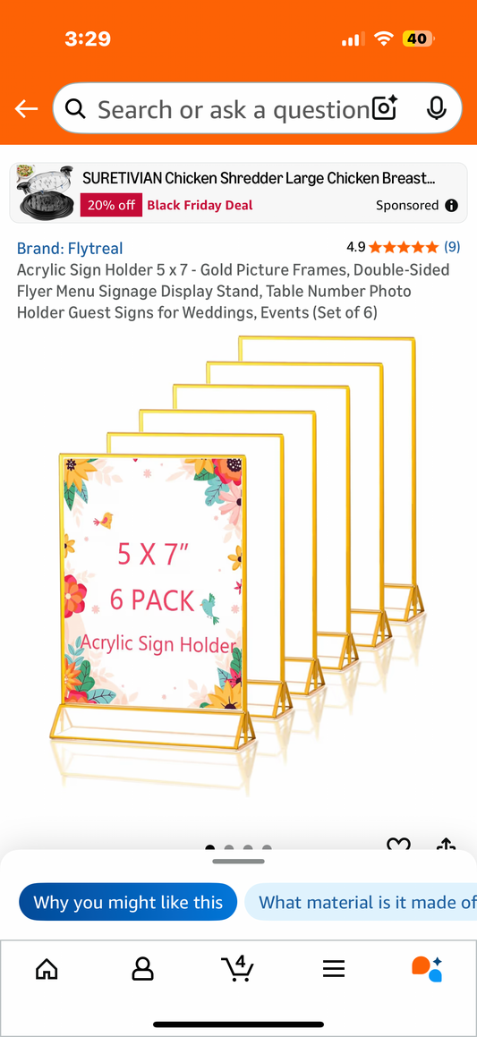 Acrylic Sign Holder 5 x 7 - Gold Picture Frames, Double-Sided Flyer Menu Signage Display Stand, Table Number Photo Holder Guest Signs for Weddings, Events (Set of 6