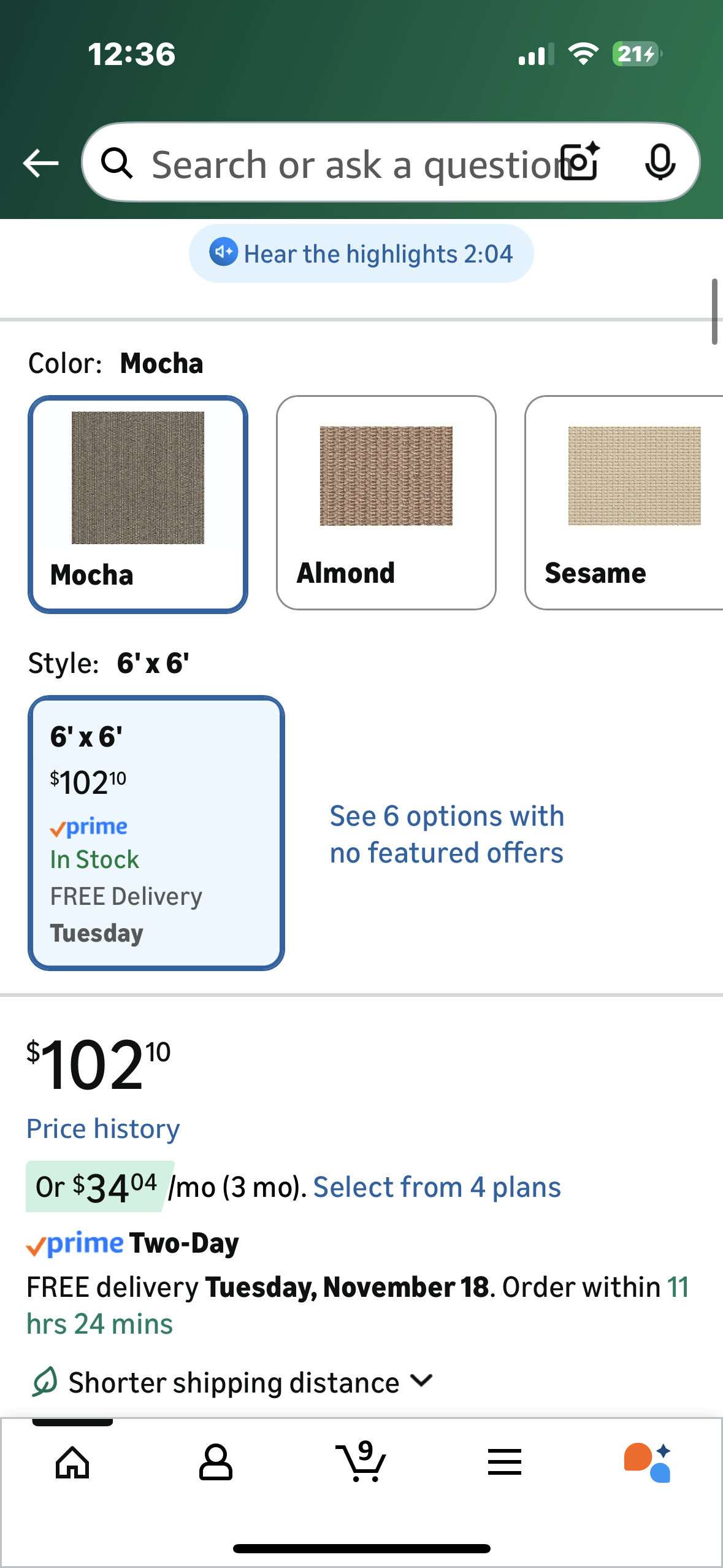 Coolaroo Exterior Roller Shade, Cordless Roller Shade with 90% UV Protection, No Valance, (6' W X 6' L), Mocha, 474768  (L1105)