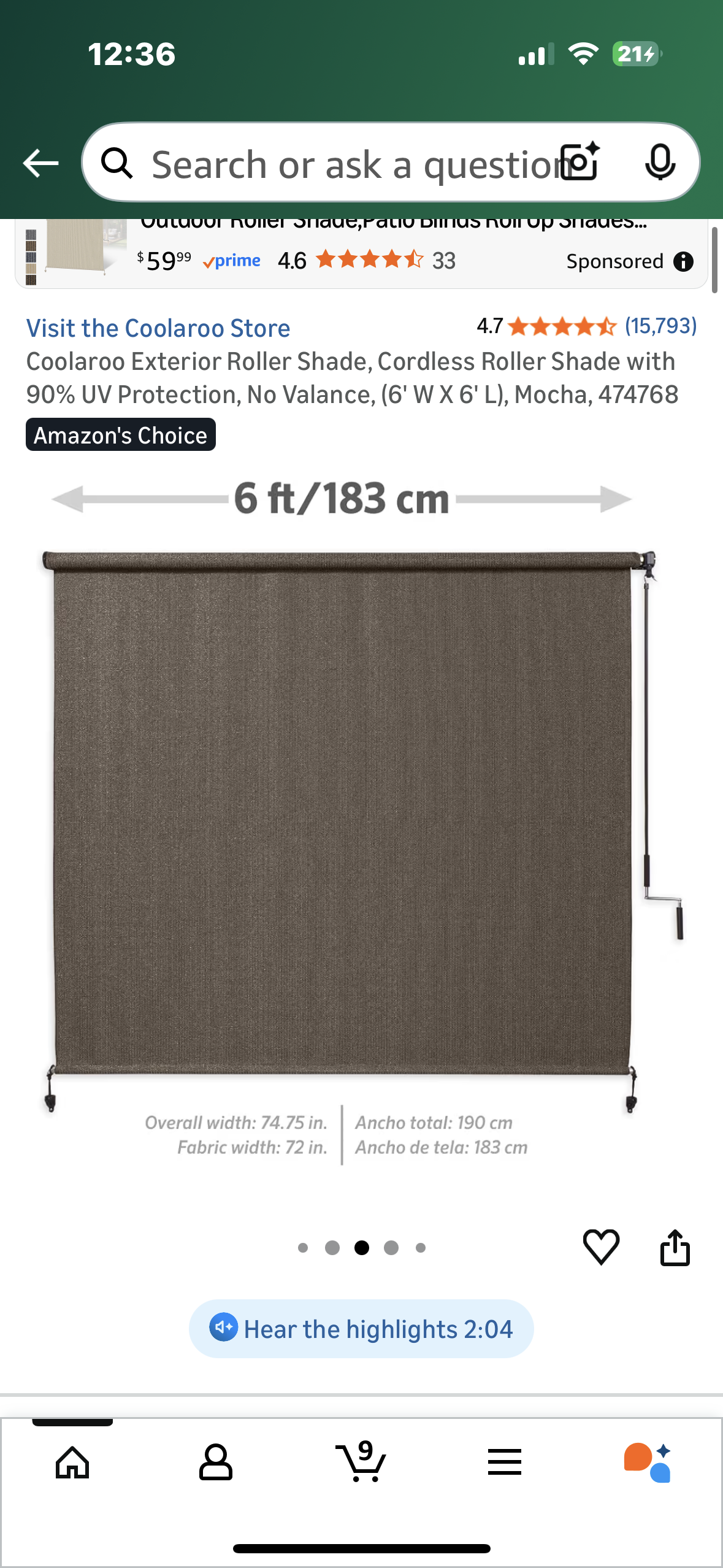 Coolaroo Exterior Roller Shade, Cordless Roller Shade with 90% UV Protection, No Valance, (6' W X 6' L), Mocha, 474768  (L1105)