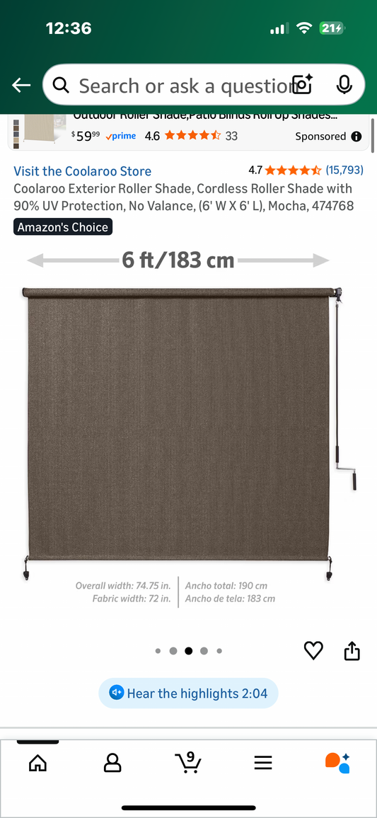 Coolaroo Exterior Roller Shade, Cordless Roller Shade with 90% UV Protection, No Valance, (6' W X 6' L), Mocha, 474768  (L1105)