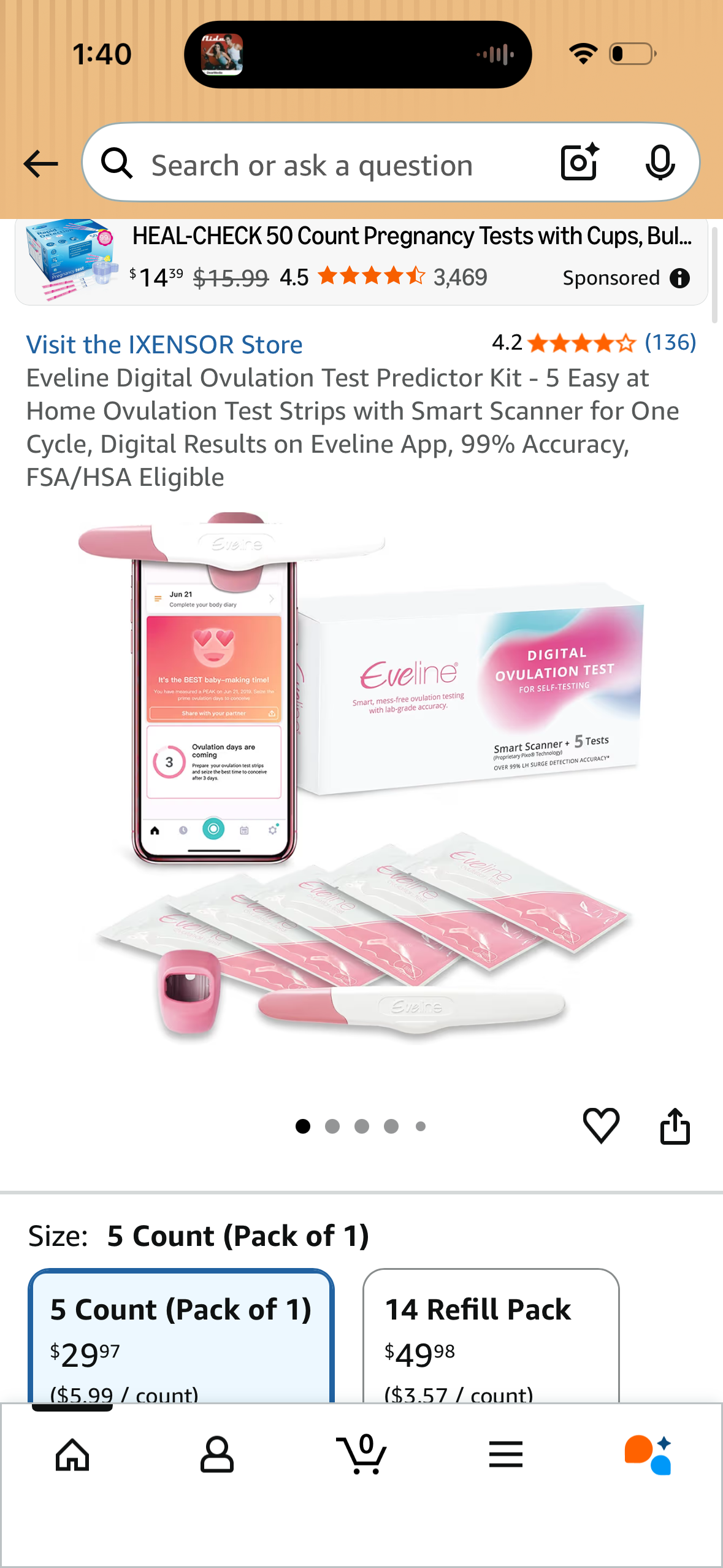 Eveline Digital Ovulation Test Predictor Kit - 5 Easy at Home Ovulation Test Strips with Smart Scanner for One Cycle, Digital Results on Eveline App, 99% Accuracy, FSA/HSA Eligible