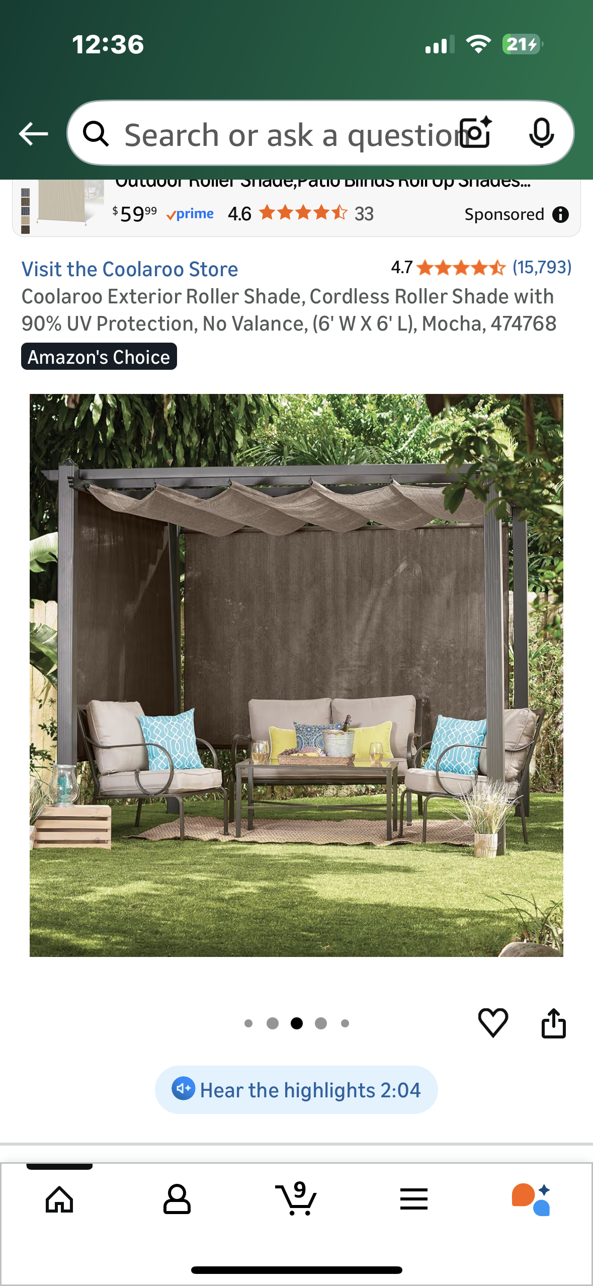 Coolaroo Exterior Roller Shade, Cordless Roller Shade with 90% UV Protection, No Valance, (6' W X 6' L), Mocha, 474768  (L1105)