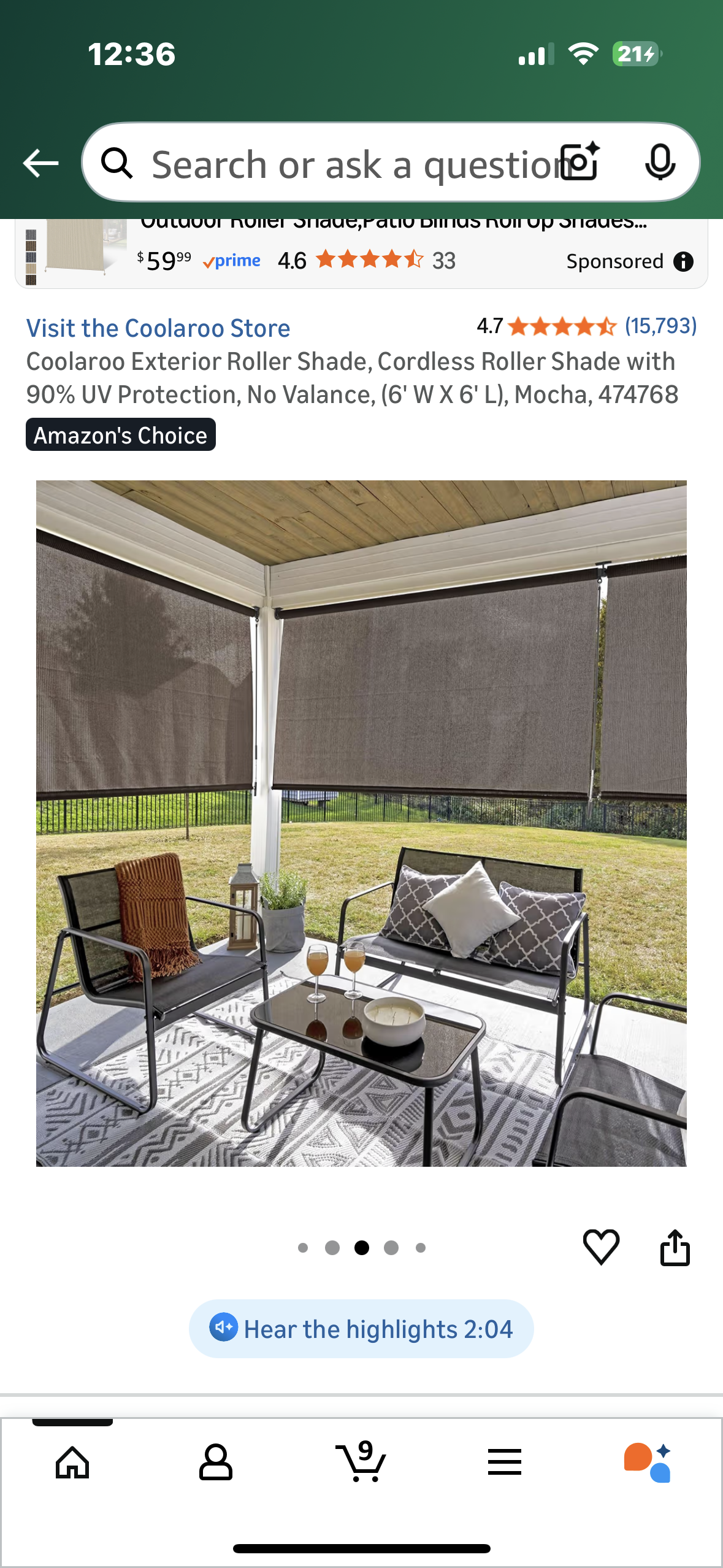 Coolaroo Exterior Roller Shade, Cordless Roller Shade with 90% UV Protection, No Valance, (6' W X 6' L), Mocha, 474768  (L1105)