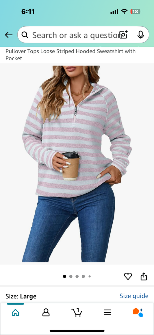 Women’s Casual Long Sleeve Half Zip Pullover Hoodie, Loose Blue and White Striped Hooded Sweatshirt with Pocket (Size Large)
