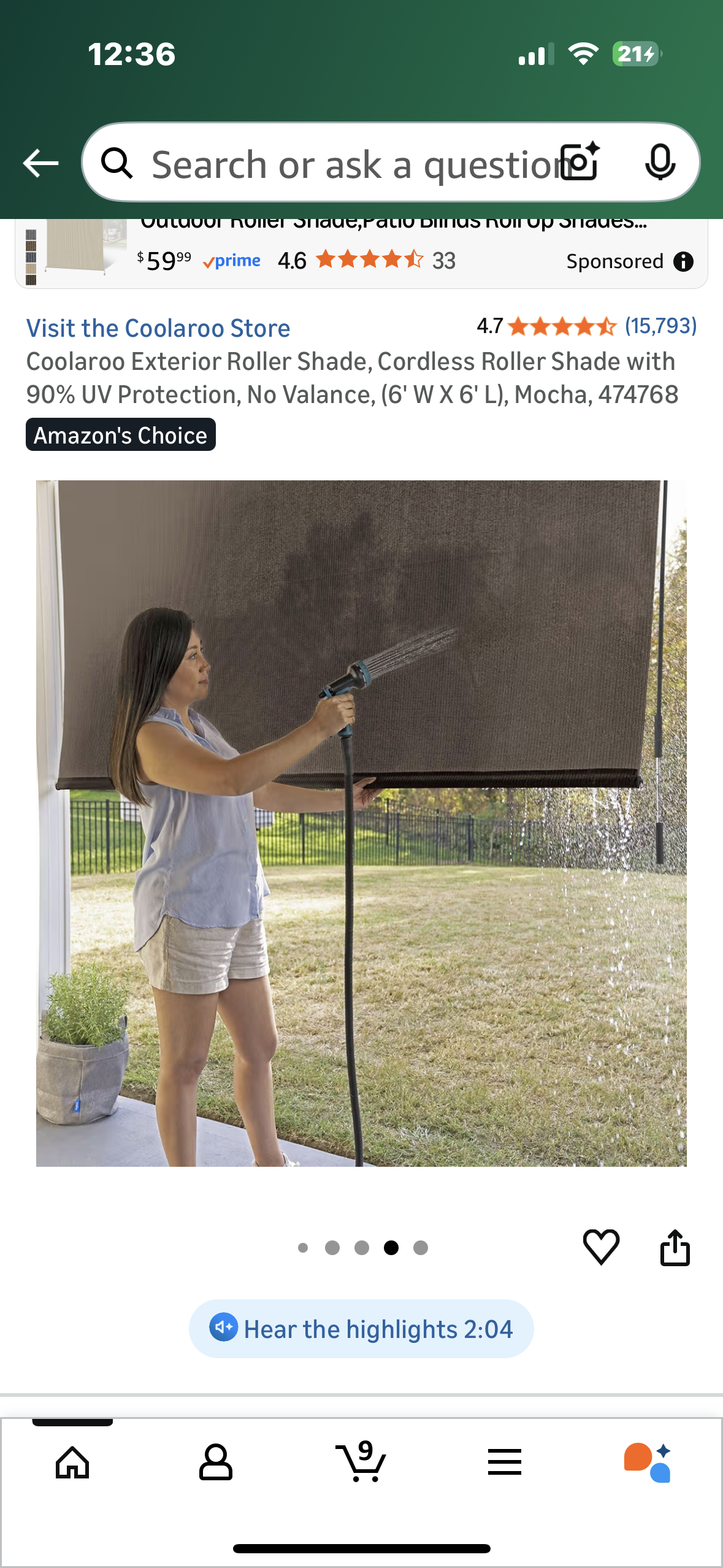 Coolaroo Exterior Roller Shade, Cordless Roller Shade with 90% UV Protection, No Valance, (6' W X 6' L), Mocha, 474768  (L1105)