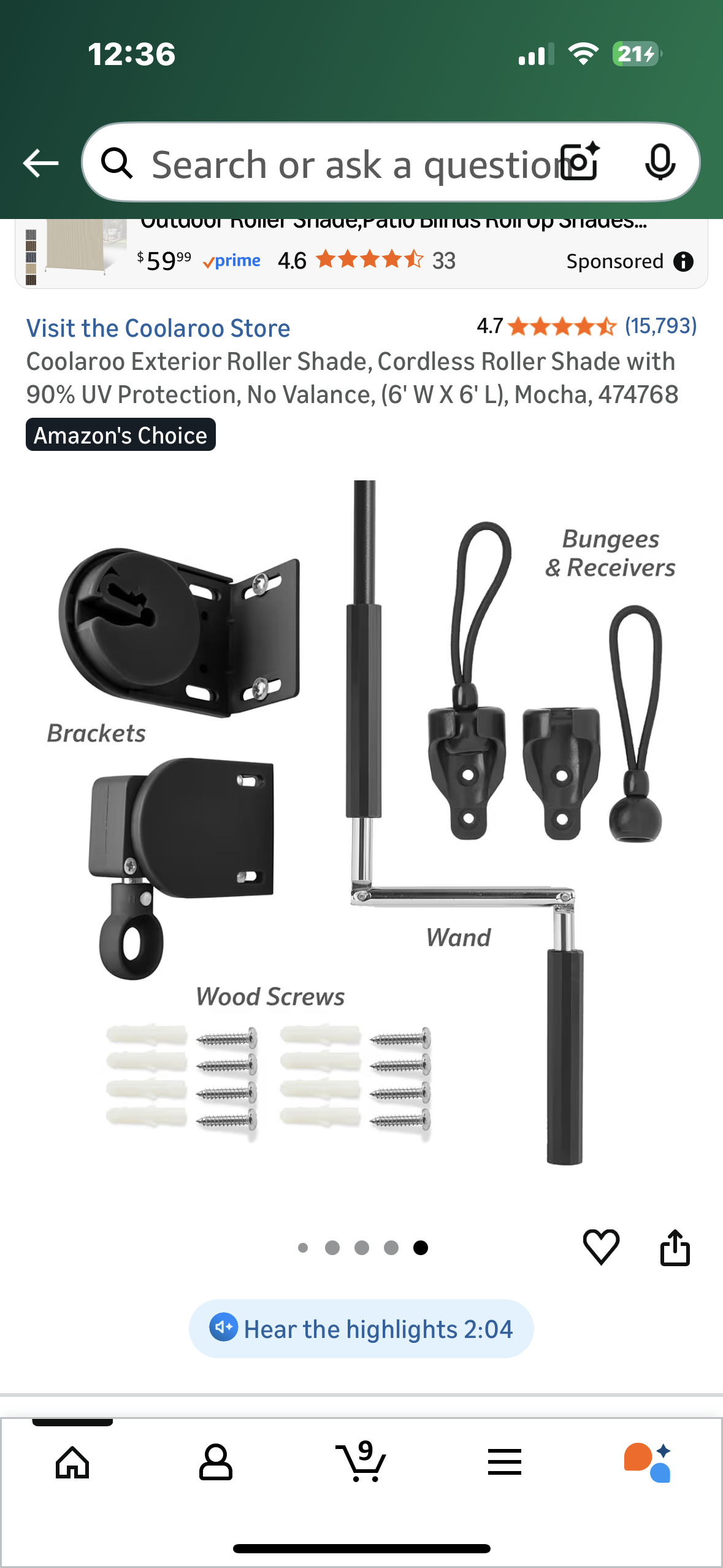 Coolaroo Exterior Roller Shade, Cordless Roller Shade with 90% UV Protection, No Valance, (6' W X 6' L), Mocha, 474768  (L1105)