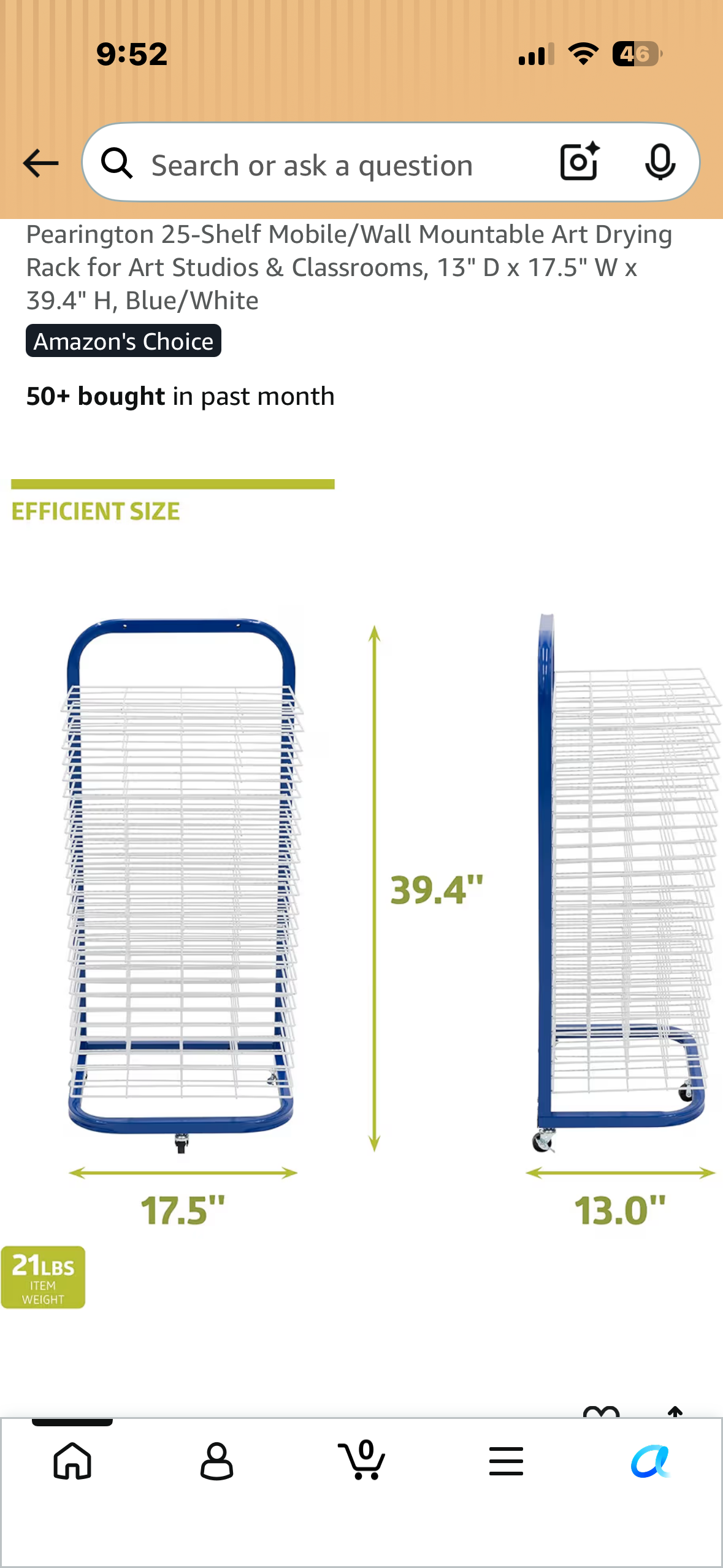 Pearington 25-Shelf Mobile/Wall Mountable Art Drying Rack for Art Studios & Classrooms, 13" D × 17.5" W x 39.4" H, Blue/White