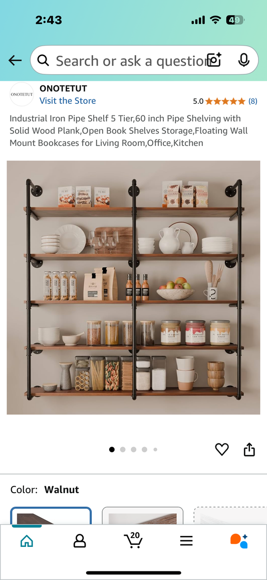 New - Industrial Iron Pipe Shelf - 5 Tier, 60” with Solid Wood Planks (L876)