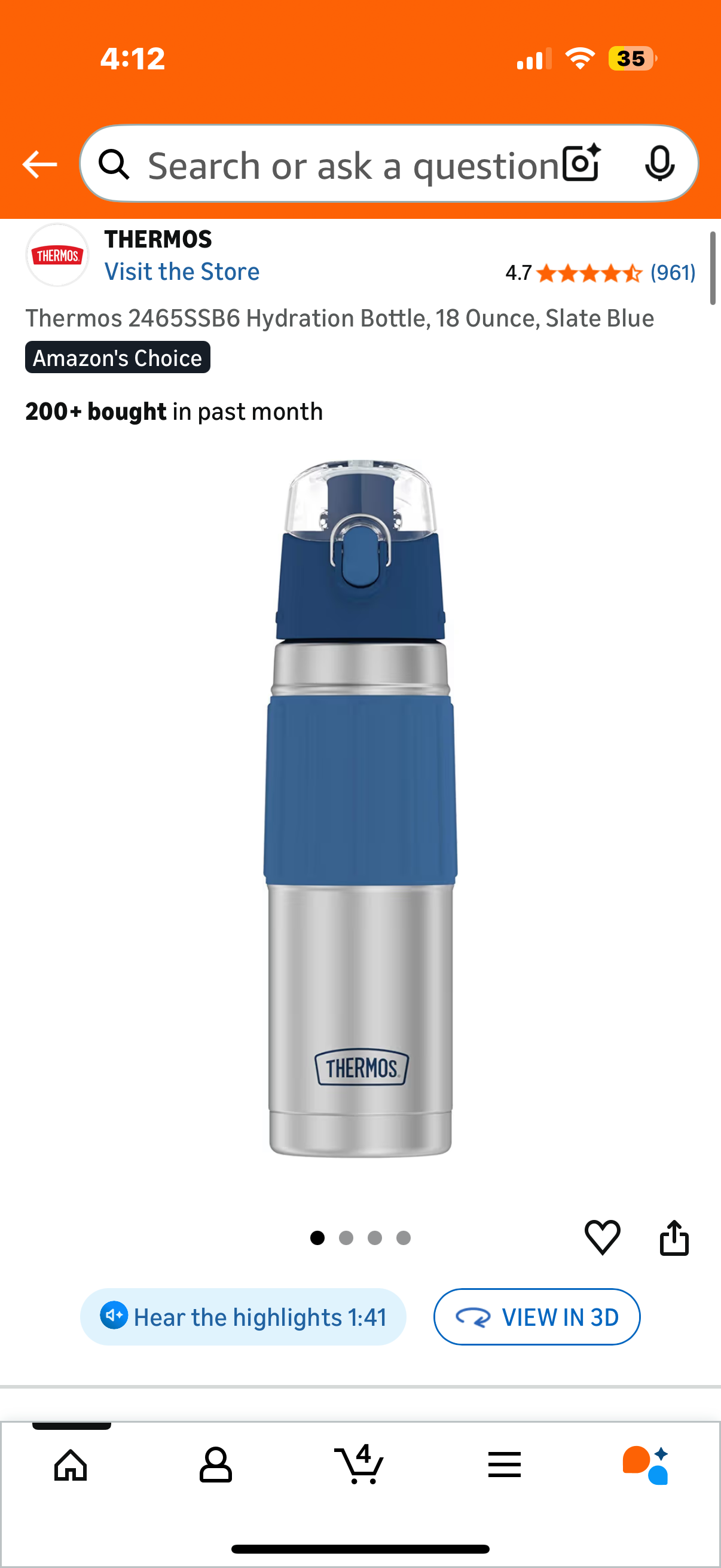 Thermos Hydration Bottle, 18 Ounce, Slate Blue