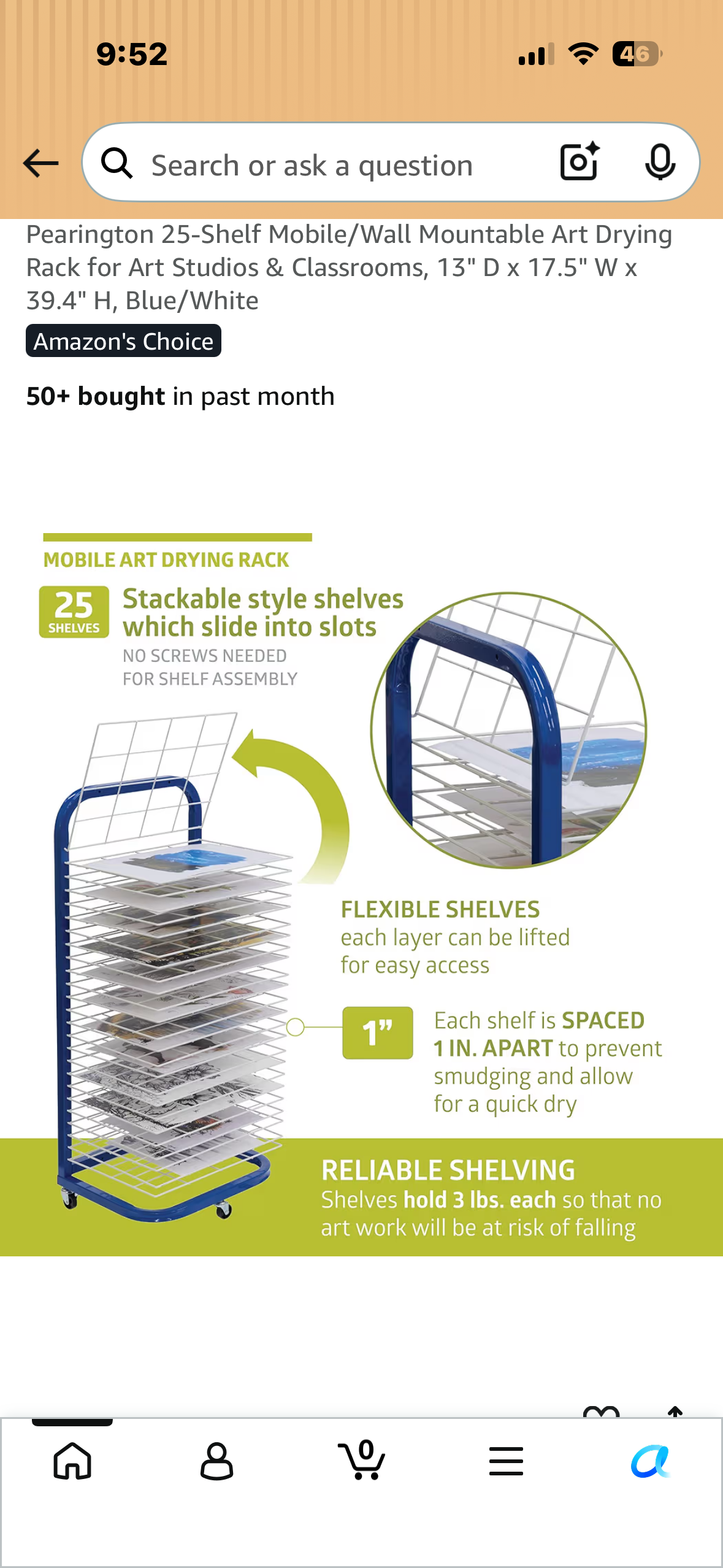 Pearington 25-Shelf Mobile/Wall Mountable Art Drying Rack for Art Studios & Classrooms, 13" D × 17.5" W x 39.4" H, Blue/White