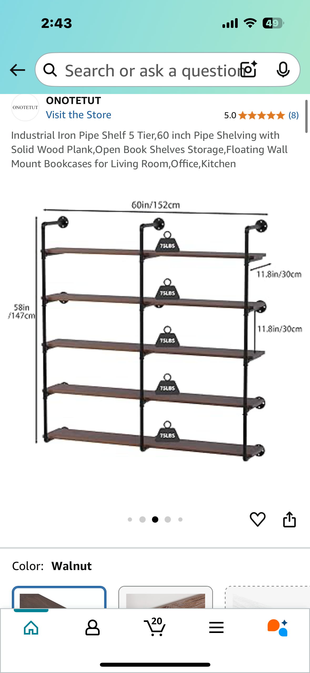 New - Industrial Iron Pipe Shelf - 5 Tier, 60” with Solid Wood Planks (L876)