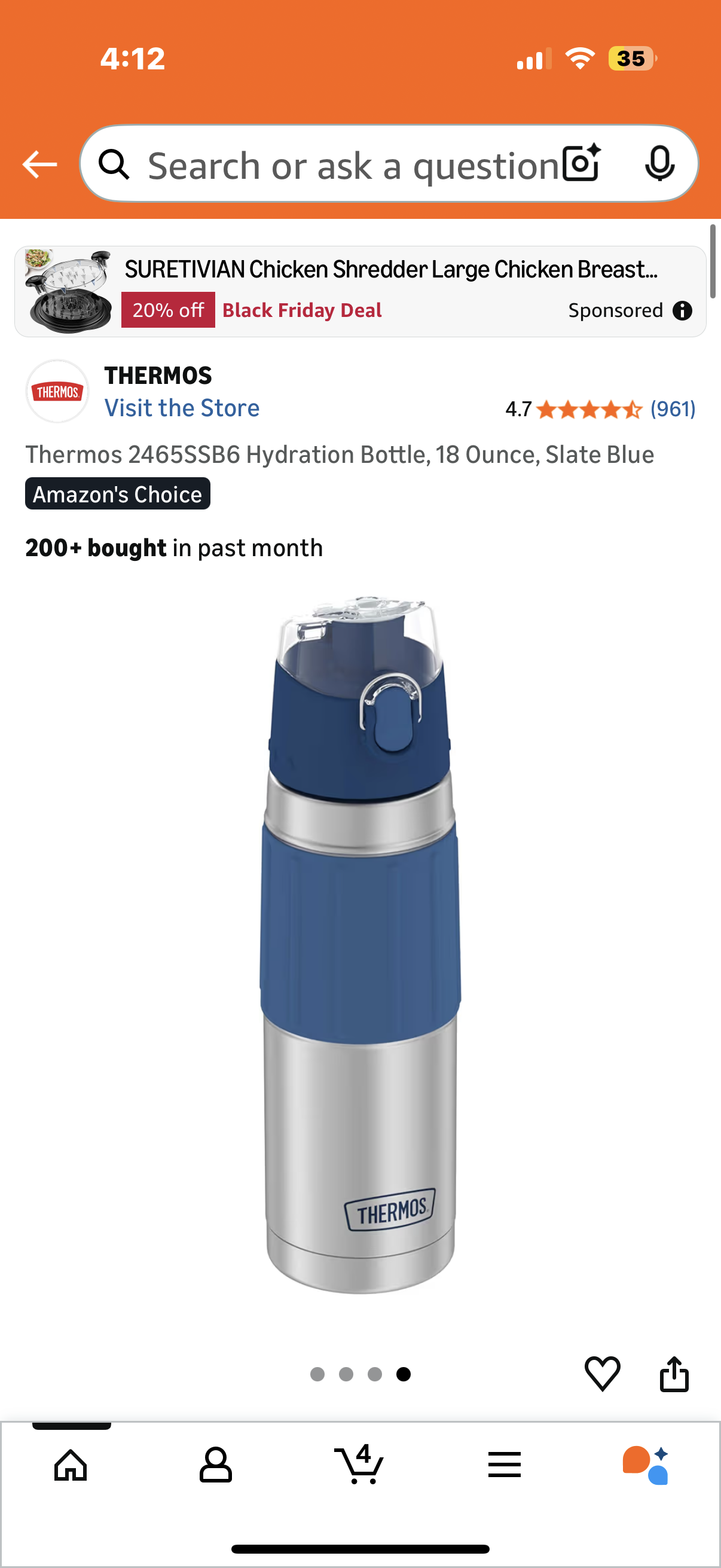 Thermos Hydration Bottle, 18 Ounce, Slate Blue