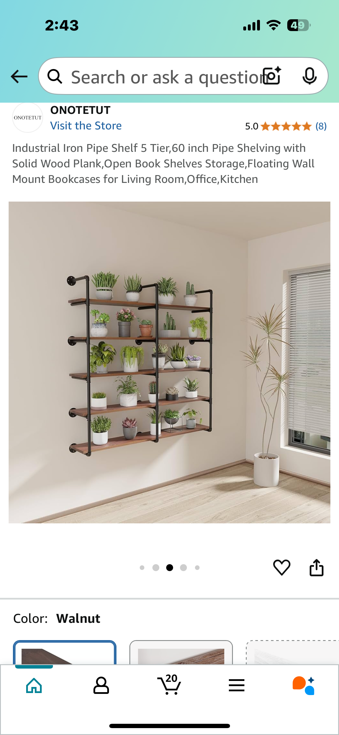 New - Industrial Iron Pipe Shelf - 5 Tier, 60” with Solid Wood Planks (L876)