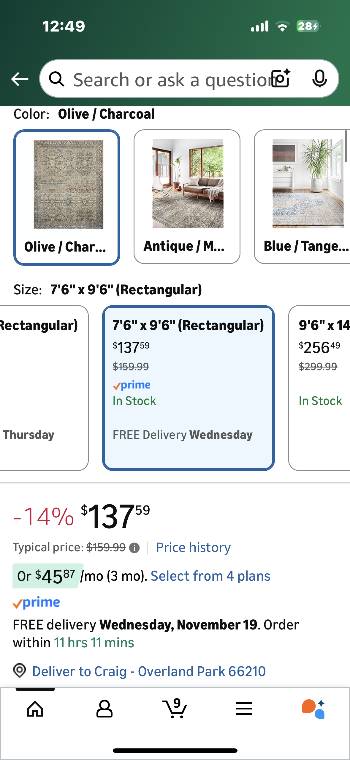 Loloi Layla Collection LAY-03 Olive/Charcoal 7'-6" x 9'-6" .13" Thick Area Rug, Soft, Durable, Vintage Inspired, Distressed, Low Pile, Non-Shedding, Easy Clean, Printed, Living Room Rug (L1106)