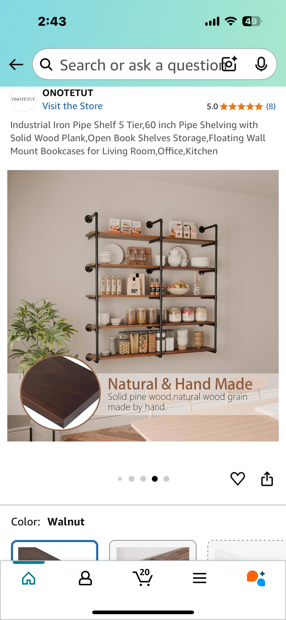 New - Industrial Iron Pipe Shelf - 5 Tier, 60” with Solid Wood Planks (L876)