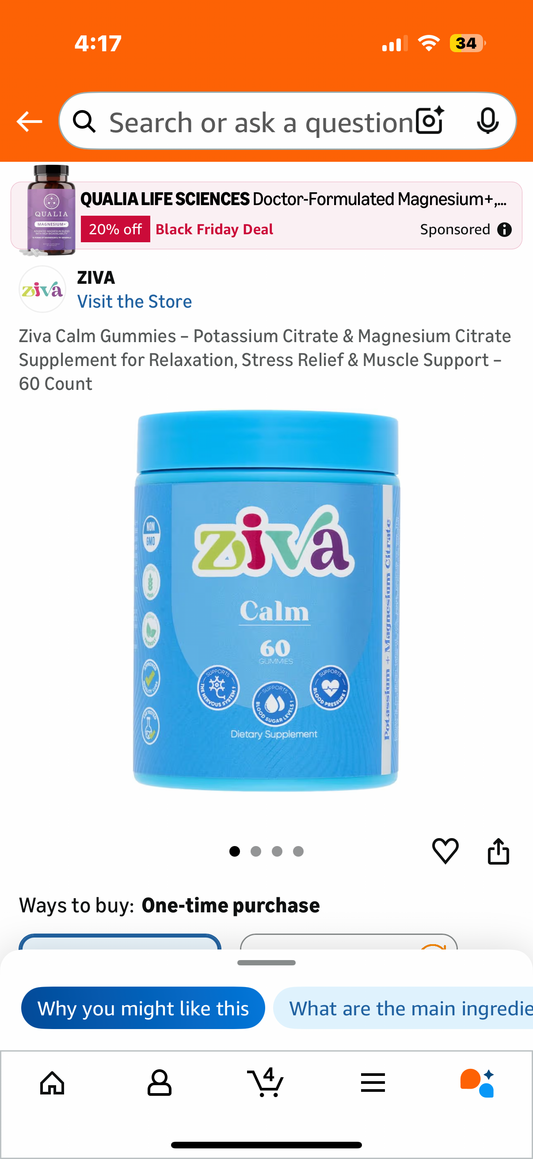 Ziva Calm Gummies – Potassium Citrate & Magnesium Citrate Supplement for Relaxation, Stress Relief & Muscle Support – 60 Count