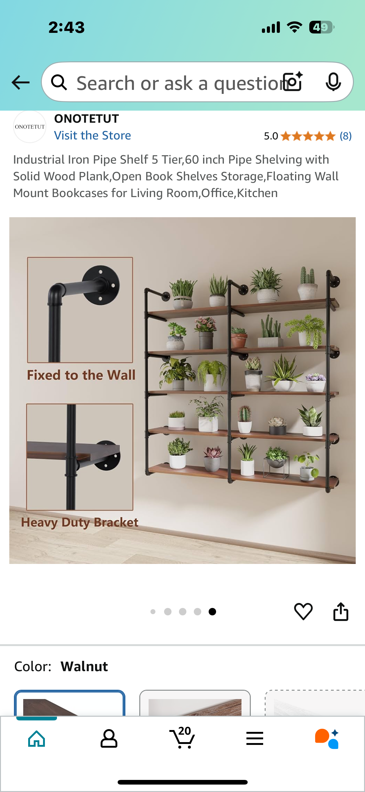New - Industrial Iron Pipe Shelf - 5 Tier, 60” with Solid Wood Planks (L876)