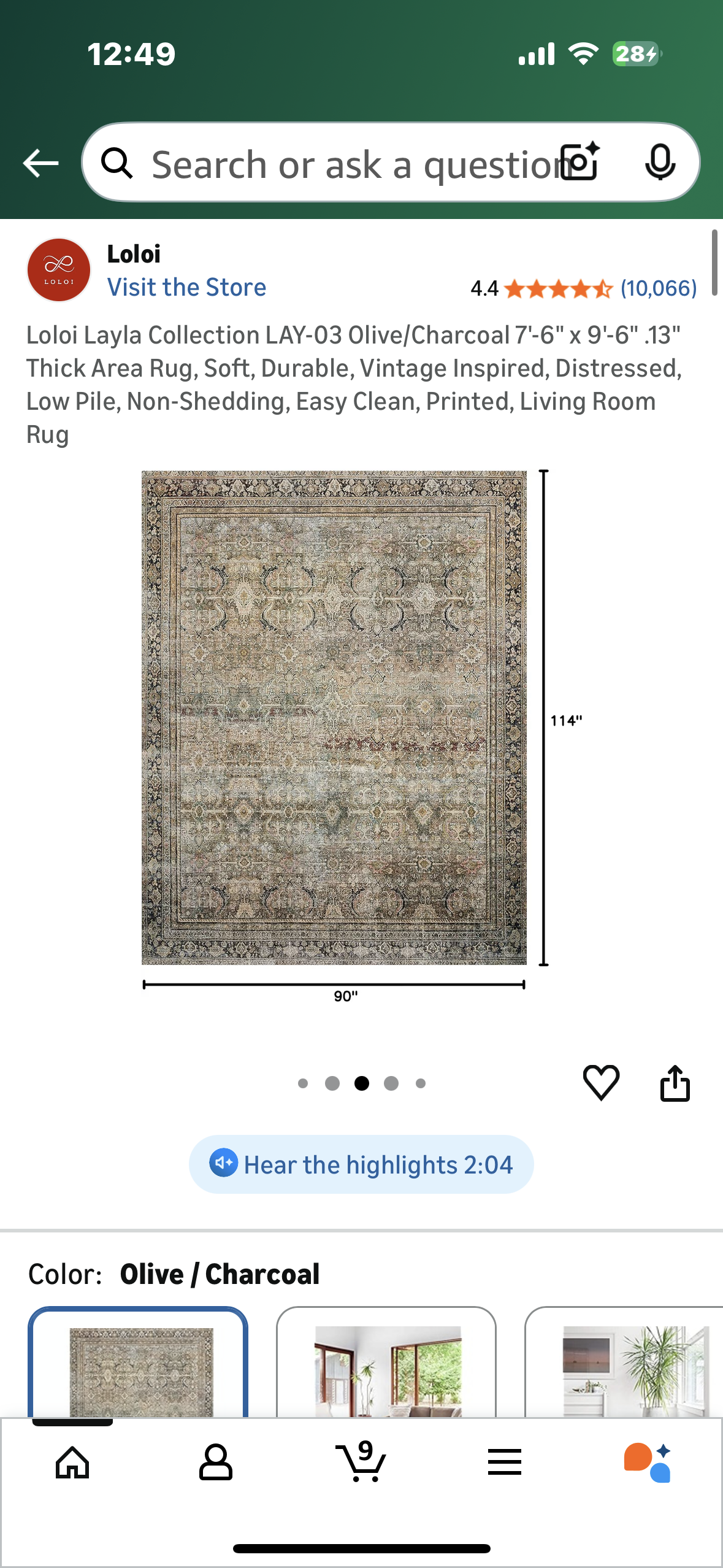 Loloi Layla Collection LAY-03 Olive/Charcoal 7'-6" x 9'-6" .13" Thick Area Rug, Soft, Durable, Vintage Inspired, Distressed, Low Pile, Non-Shedding, Easy Clean, Printed, Living Room Rug (L1106)