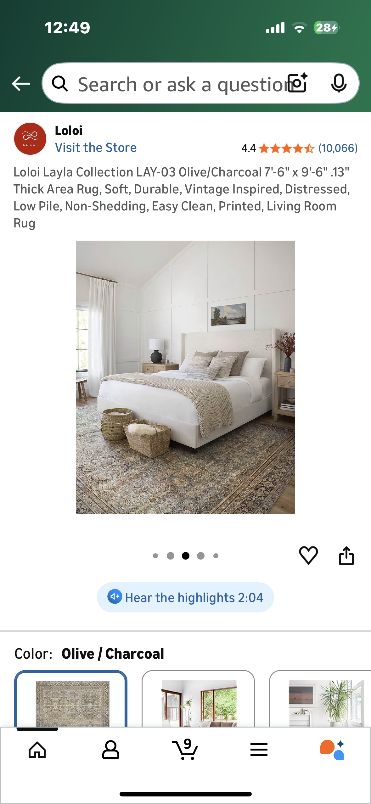 Loloi Layla Collection LAY-03 Olive/Charcoal 7'-6" x 9'-6" .13" Thick Area Rug, Soft, Durable, Vintage Inspired, Distressed, Low Pile, Non-Shedding, Easy Clean, Printed, Living Room Rug (L1106)