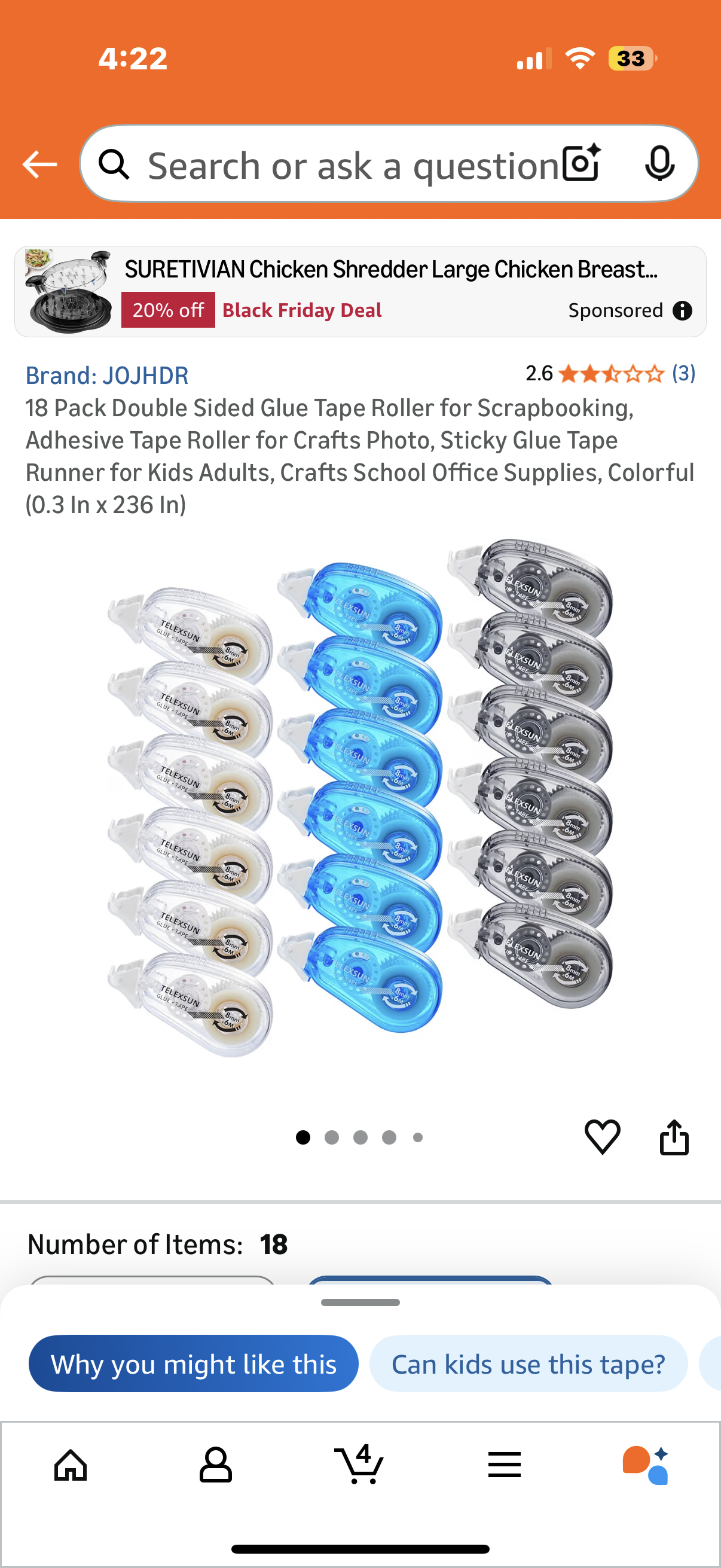 18 Pack Double Sided Glue Tape Roller for Scrapbooking, Adhesive Tape Roller for Crafts Photo, Sticky Glue Tape Runner for Kids Adults, Crafts School Office Supplies, Colorful (0.3 In x 236 In)