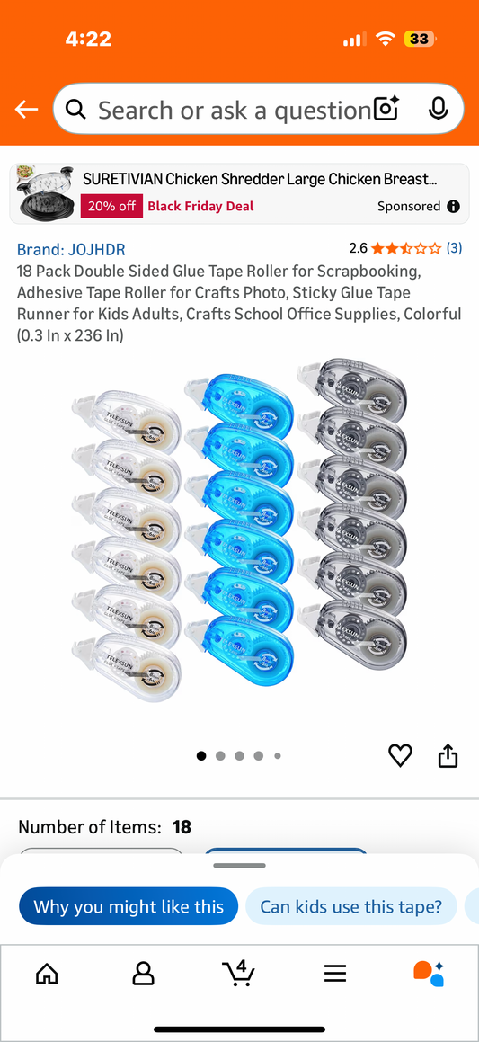 18 Pack Double Sided Glue Tape Roller for Scrapbooking, Adhesive Tape Roller for Crafts Photo, Sticky Glue Tape Runner for Kids Adults, Crafts School Office Supplies, Colorful (0.3 In x 236 In)