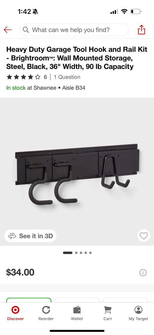 Heavy Duty Garage Tool Hook and Rail Kit - Brightroom™: Wall Mounted Storage, Steel, Black, 36" Width, 90 Ib Capacity