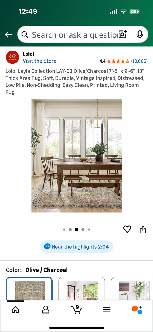 Loloi Layla Collection LAY-03 Olive/Charcoal 7'-6" x 9'-6" .13" Thick Area Rug, Soft, Durable, Vintage Inspired, Distressed, Low Pile, Non-Shedding, Easy Clean, Printed, Living Room Rug (L1106)