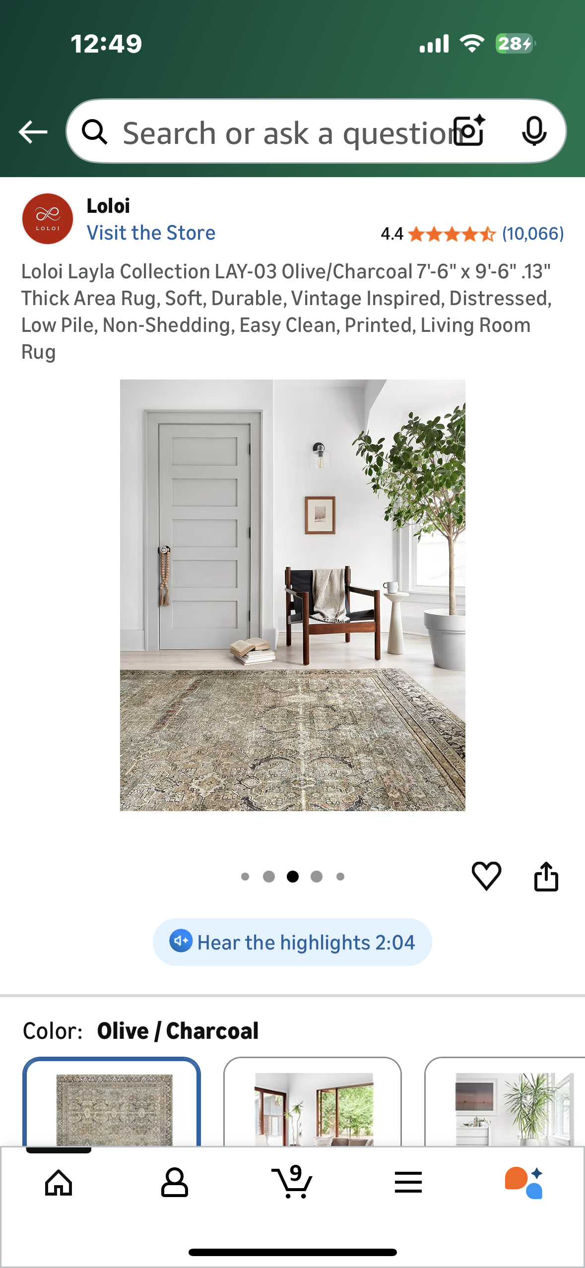 Loloi Layla Collection LAY-03 Olive/Charcoal 7'-6" x 9'-6" .13" Thick Area Rug, Soft, Durable, Vintage Inspired, Distressed, Low Pile, Non-Shedding, Easy Clean, Printed, Living Room Rug (L1106)