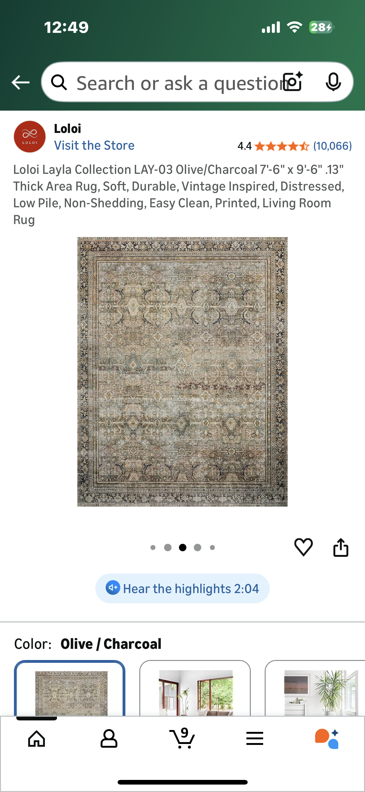 Loloi Layla Collection LAY-03 Olive/Charcoal 7'-6" x 9'-6" .13" Thick Area Rug, Soft, Durable, Vintage Inspired, Distressed, Low Pile, Non-Shedding, Easy Clean, Printed, Living Room Rug (L1106)